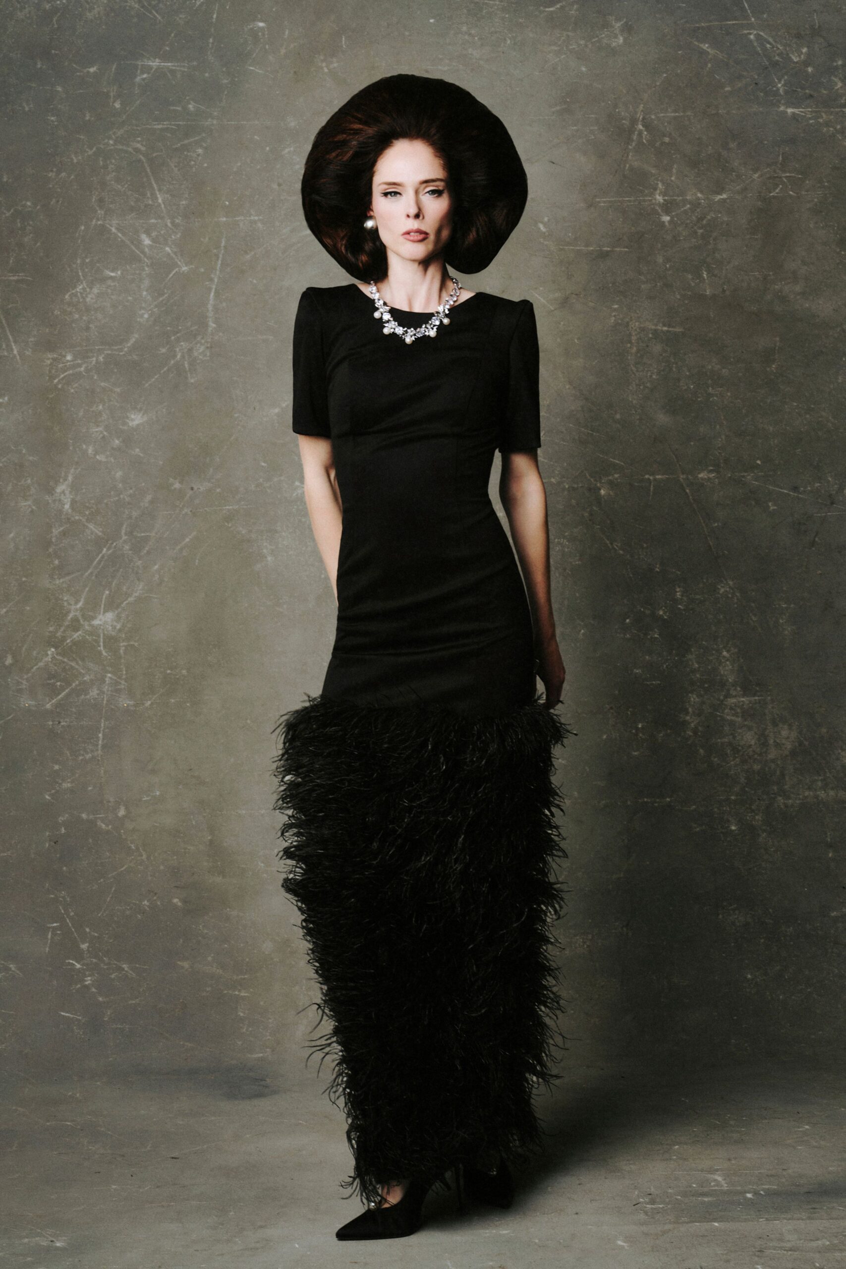 black fitted gown with hat