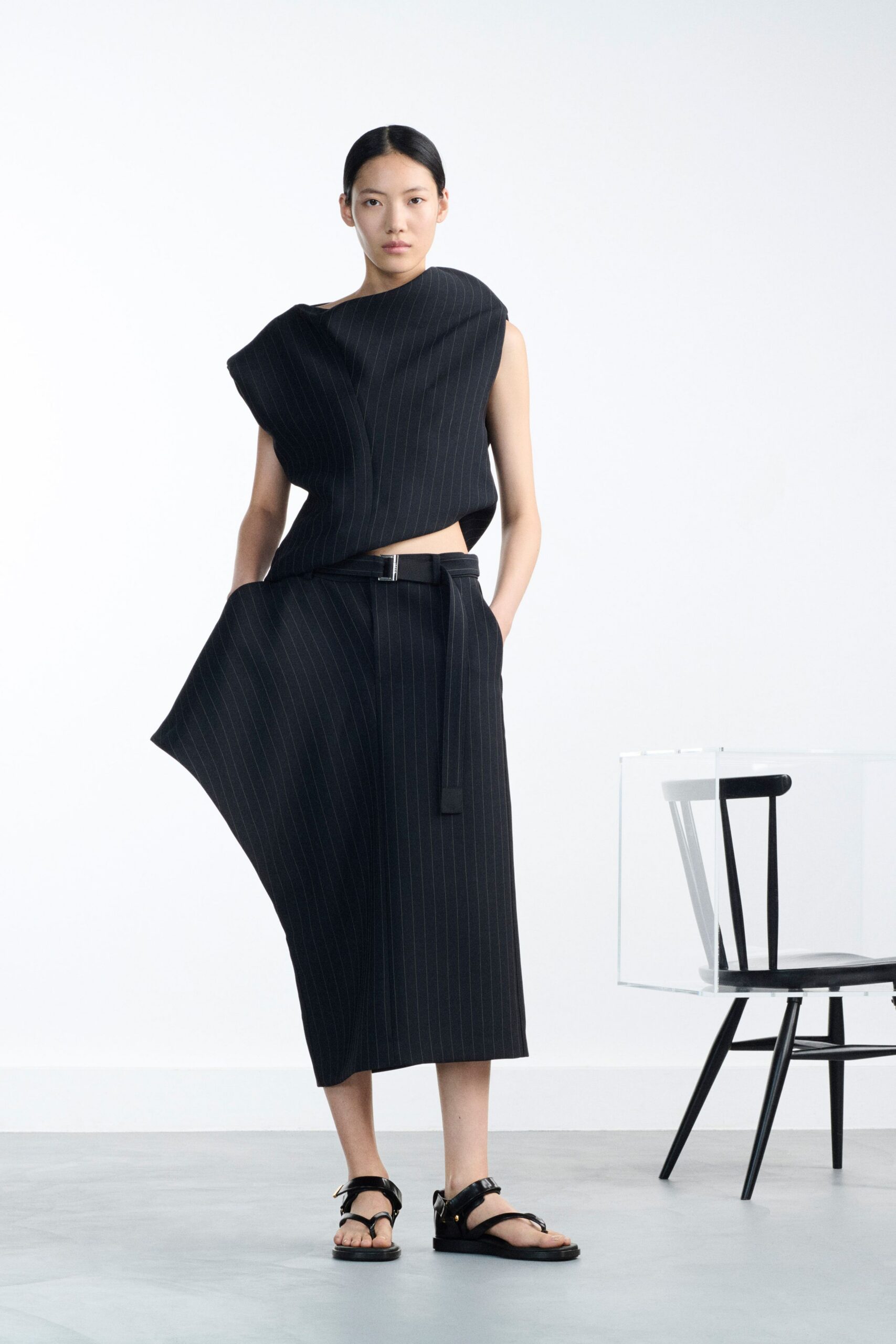 black cotton sleeveless asymmetric relaxed striped top