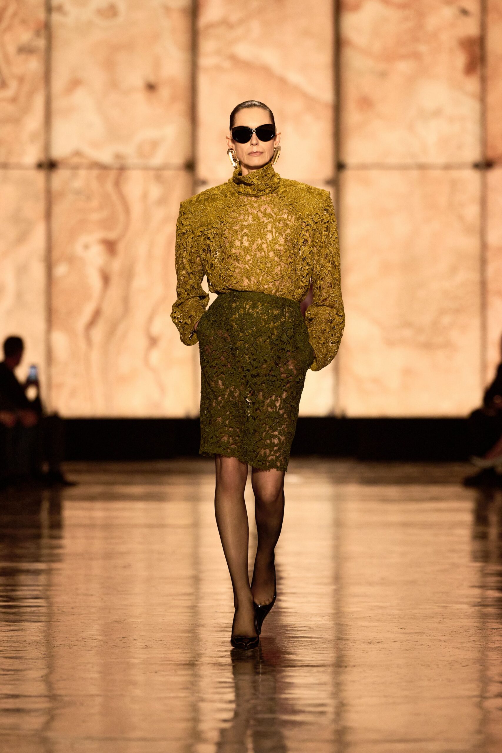 green lace long-sleeve high-neck fitted pleated embroidered dress