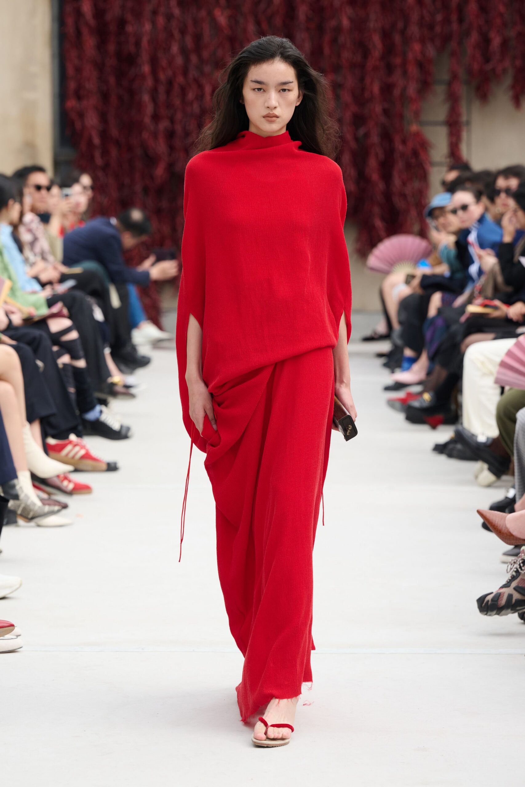 red wool long-sleeve high-neck relaxed draped maxi dress