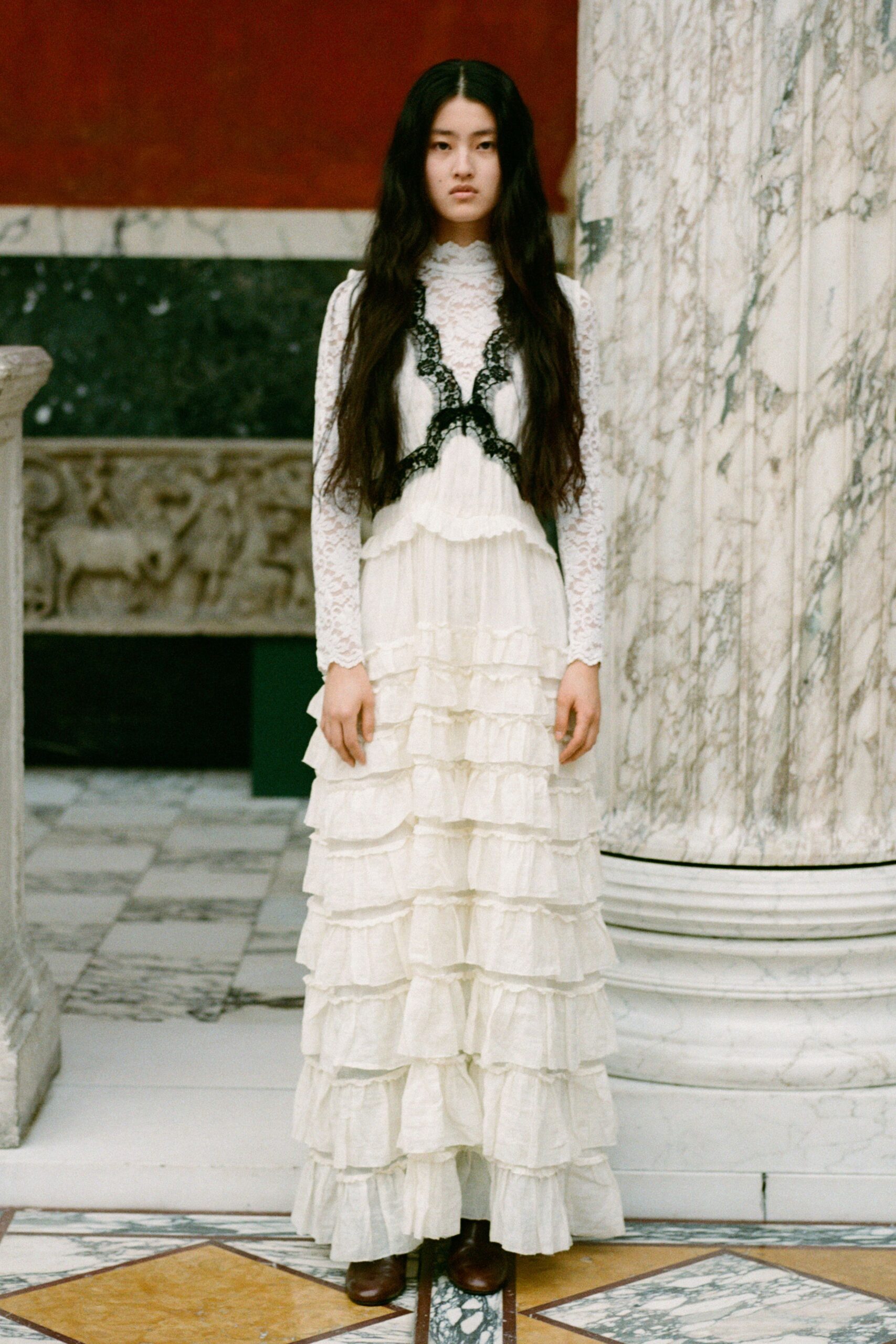 white lace long-sleeve high-neck fitted tiered ruffled gown