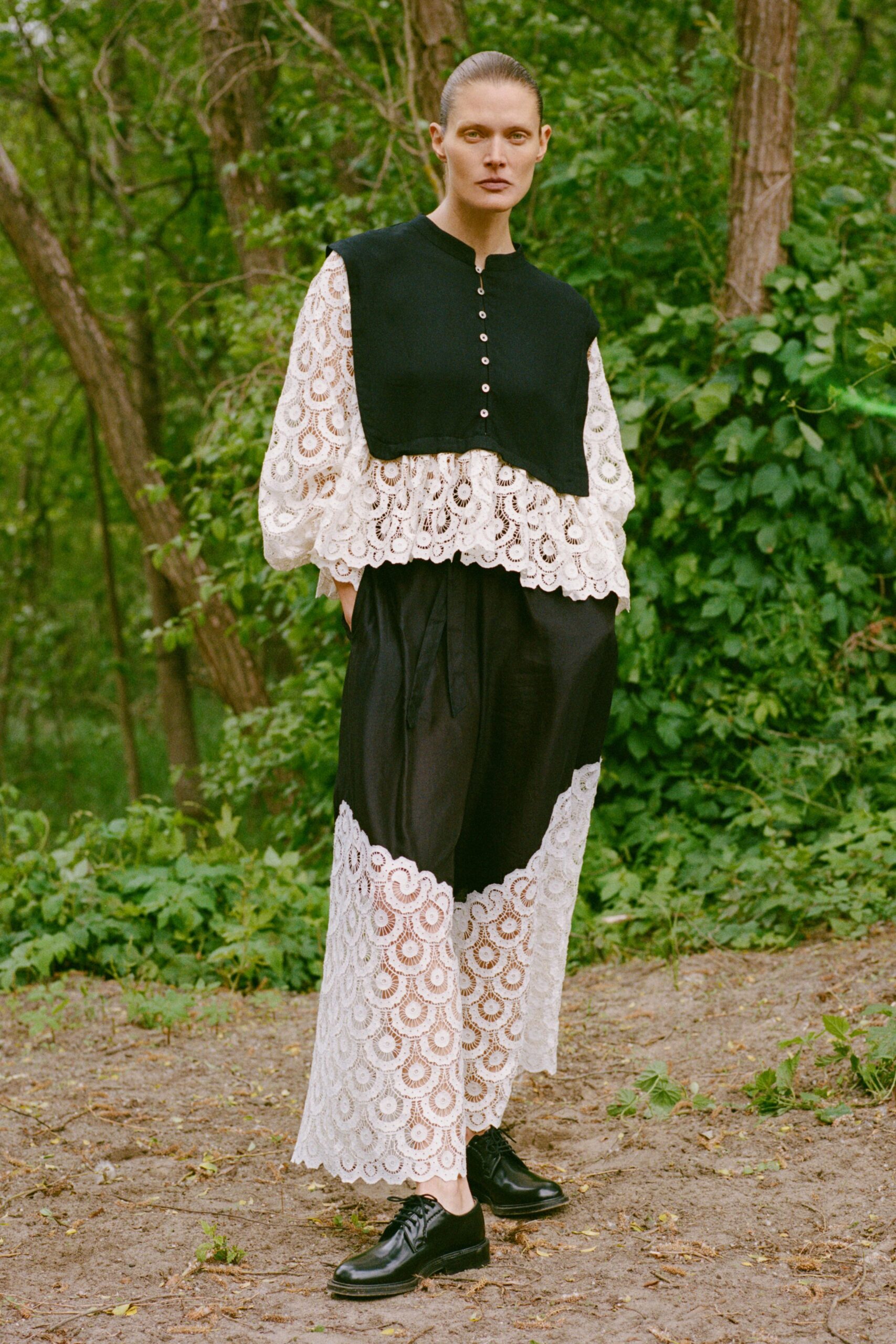 black lace long-sleeve collared fitted layered embroidered blouse