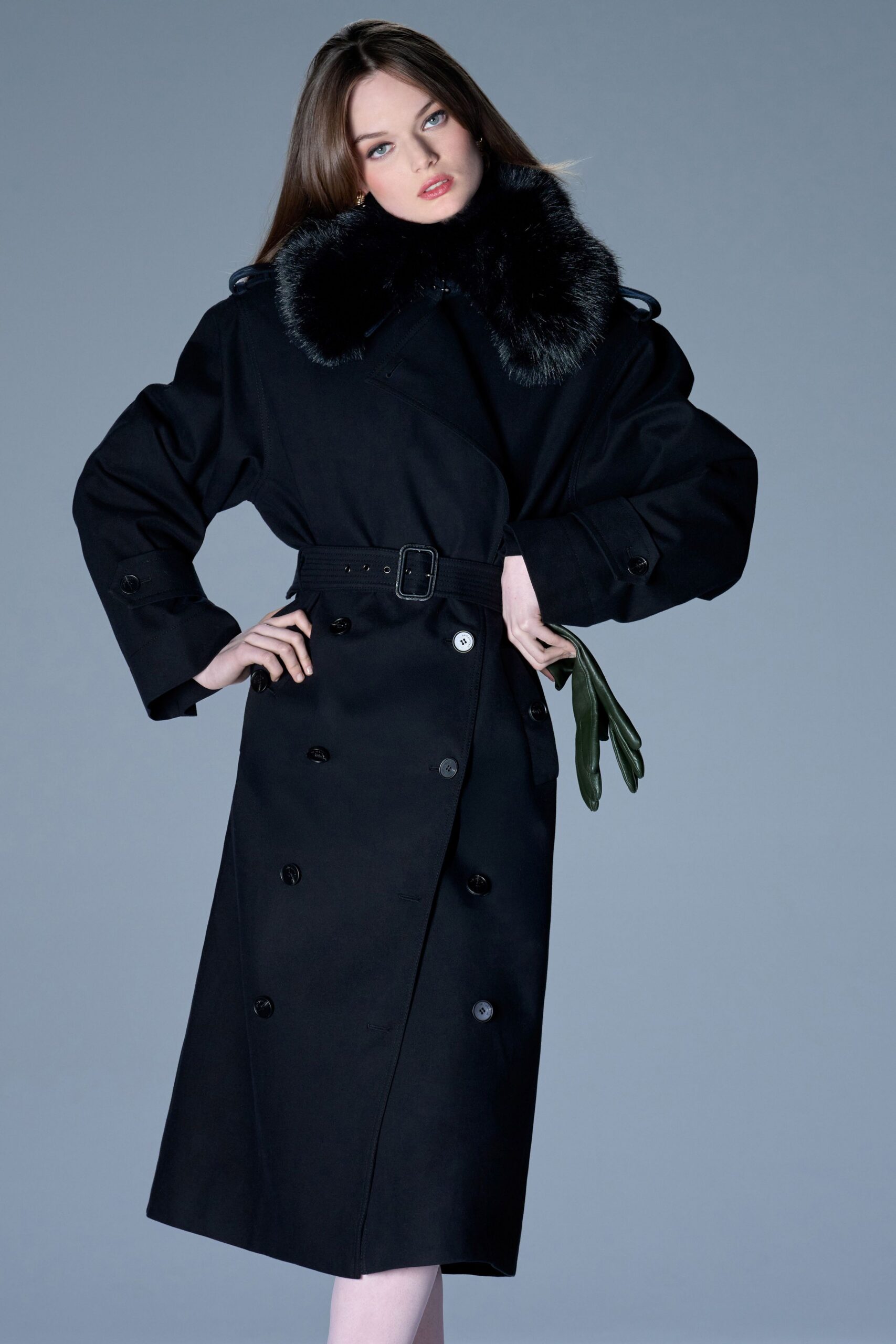 black wool long-sleeve collared relaxed belted maxi coat