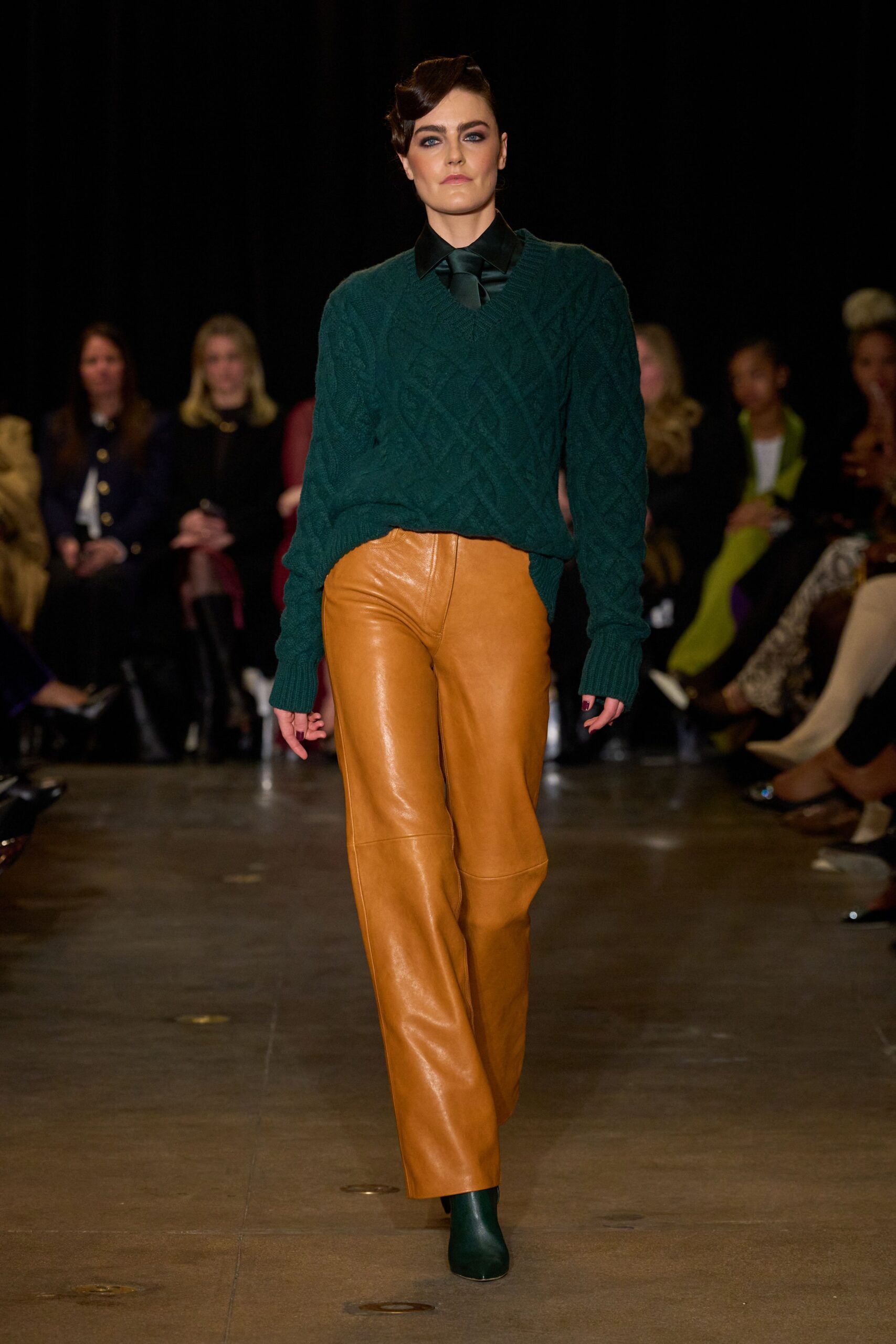 green wool sweater brown leather pants
