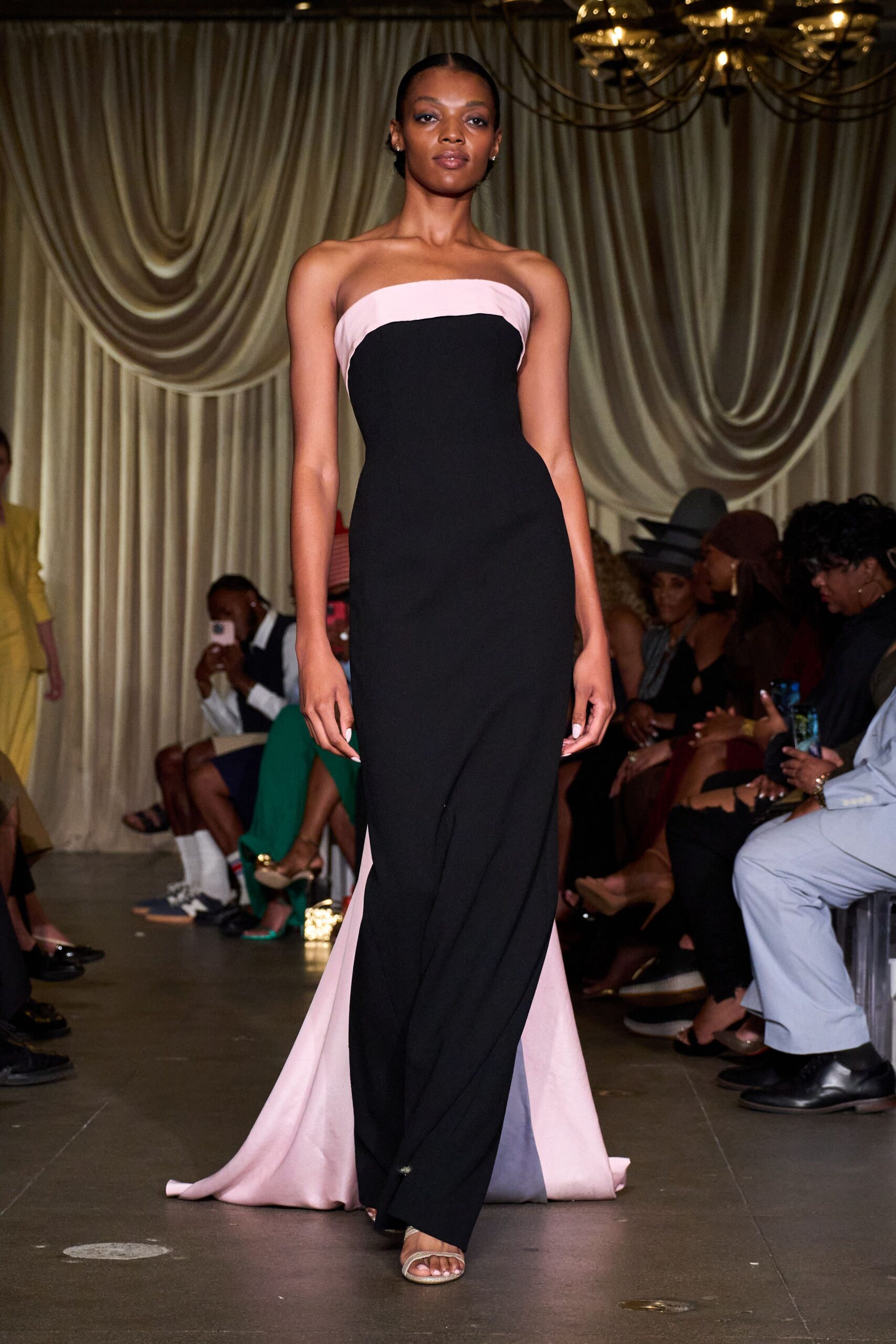 black cotton strapless fitted draped maxi gown