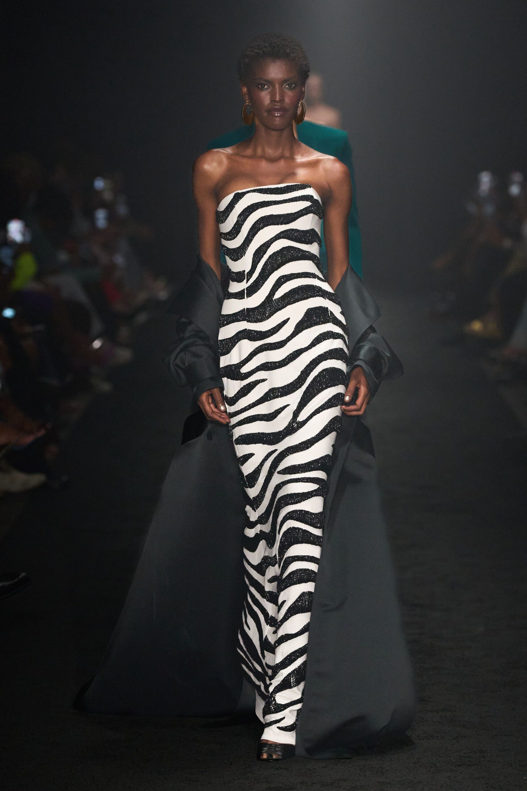 black silk strapless fitted printed maxi gown