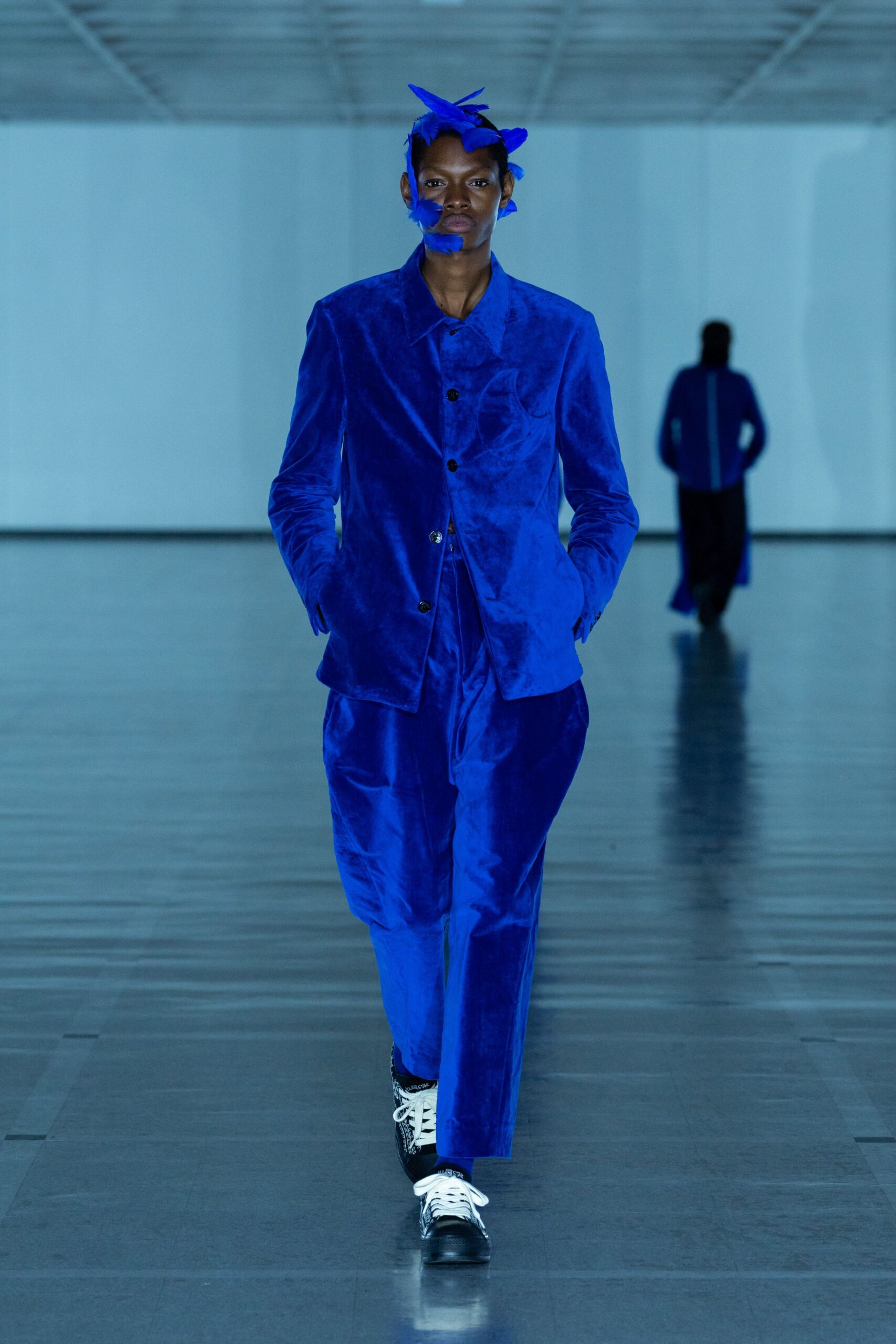 blue velvet suit with relaxed pants