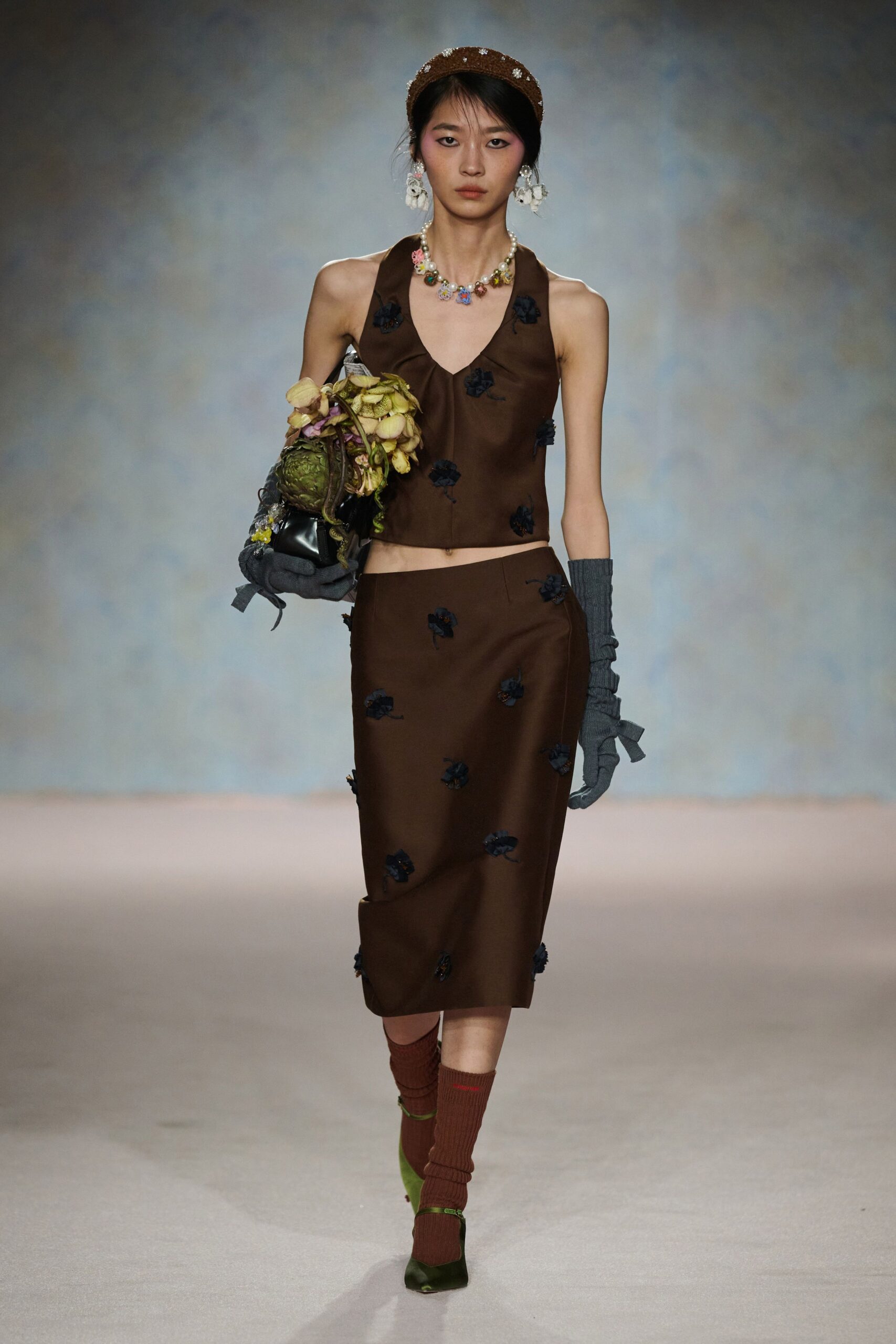 brown silk sleeveless v-neck fitted embroidered top