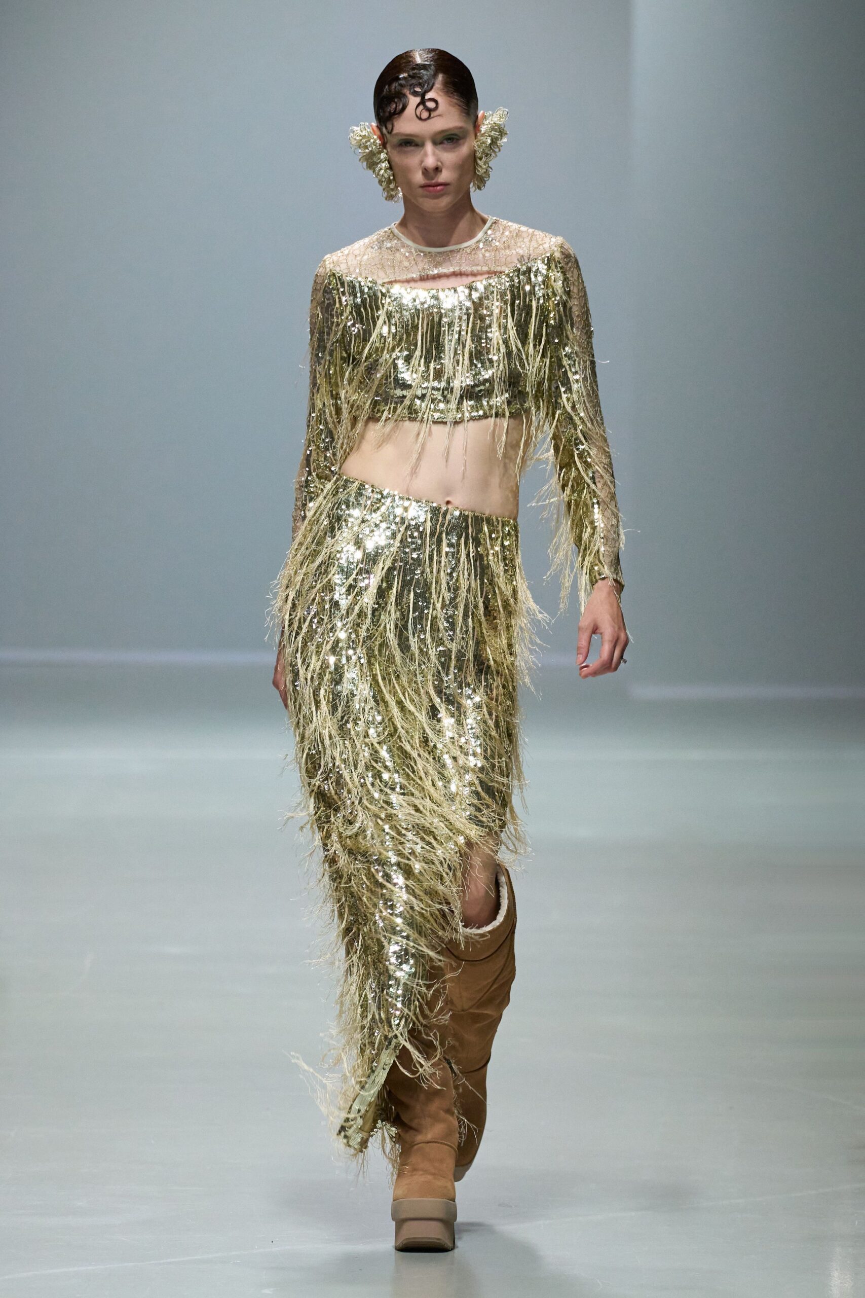 gold sequin off-shoulder fitted fringed shiny top