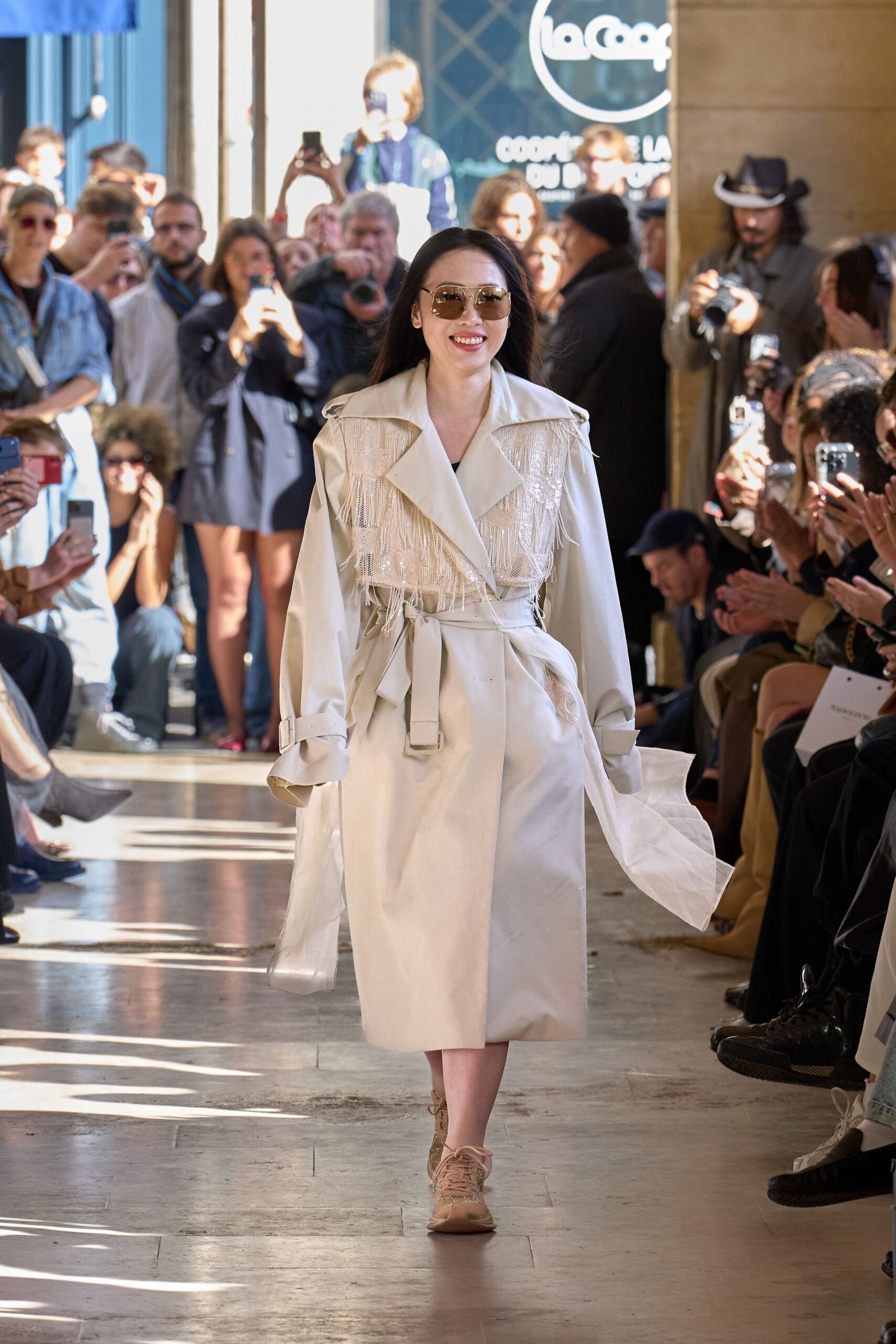 white cotton long-sleeve collared fitted fringed belted coat