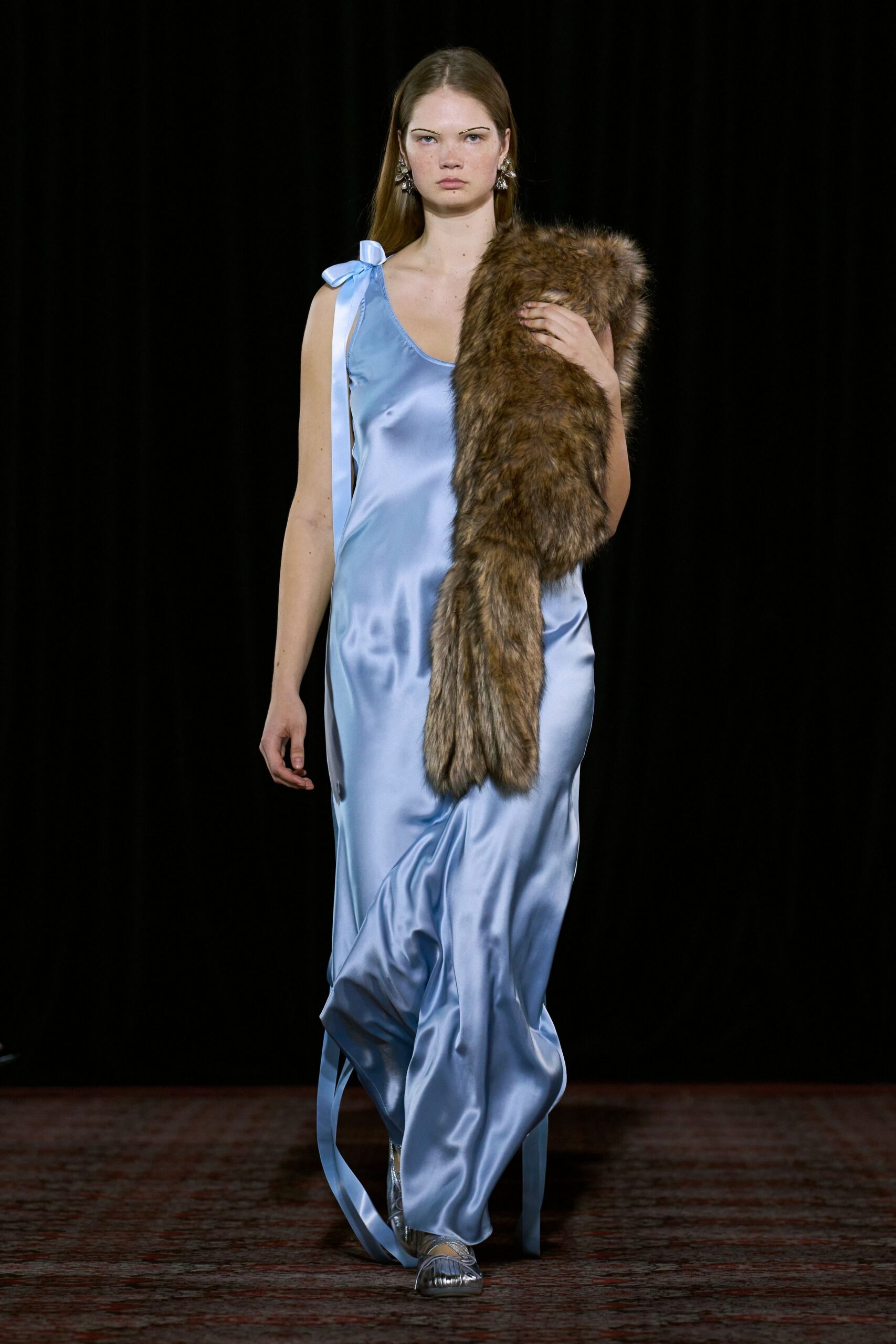 blue silk sleeveless v-neck fitted draped flowing gown