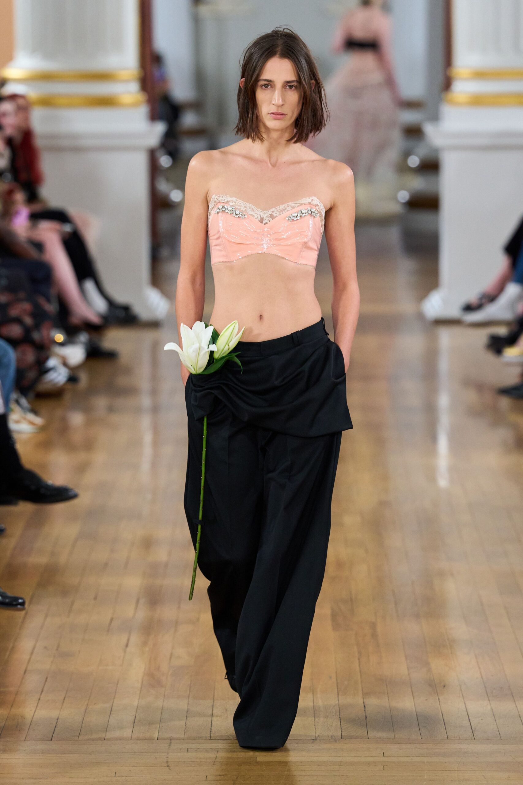 pink silk strapless fitted embroidered bustier