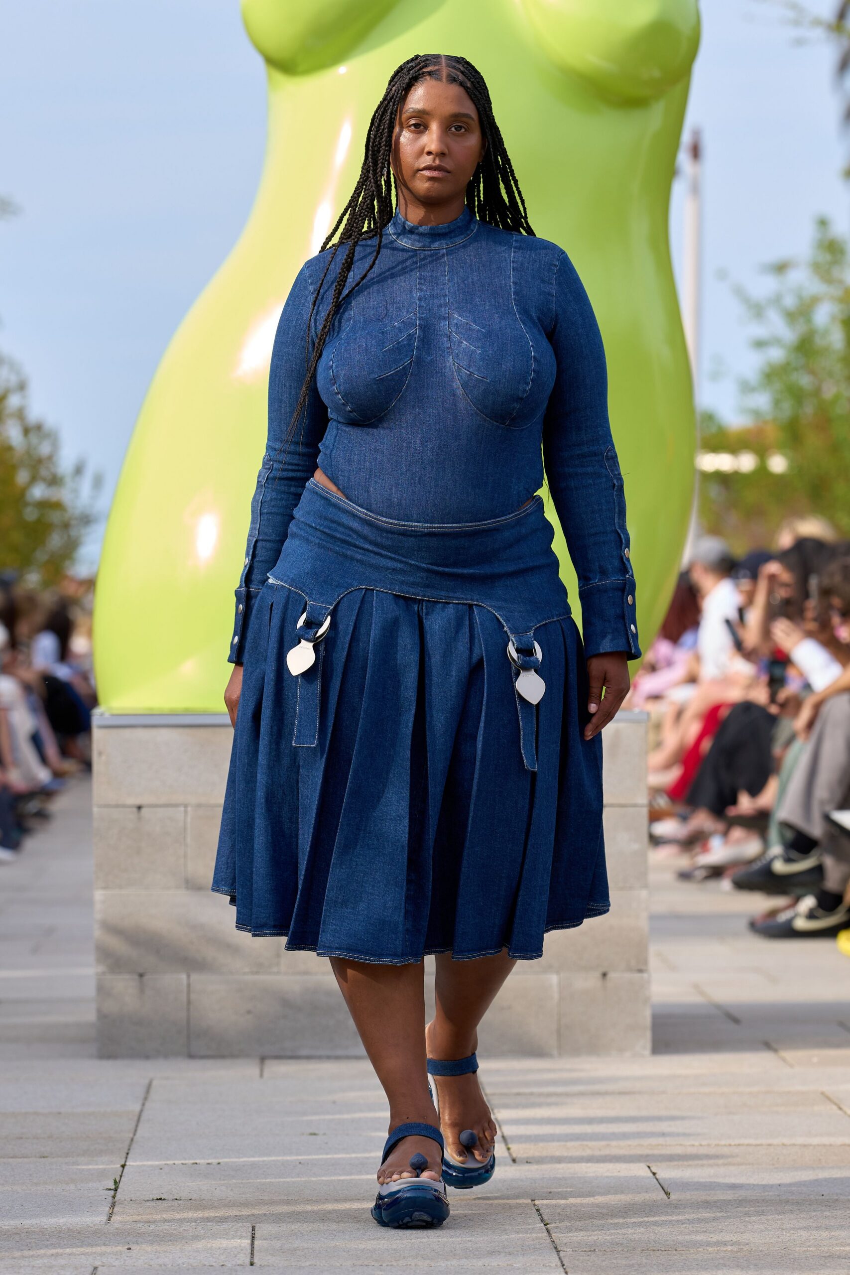 blue denim long-sleeve collared fitted zippered top