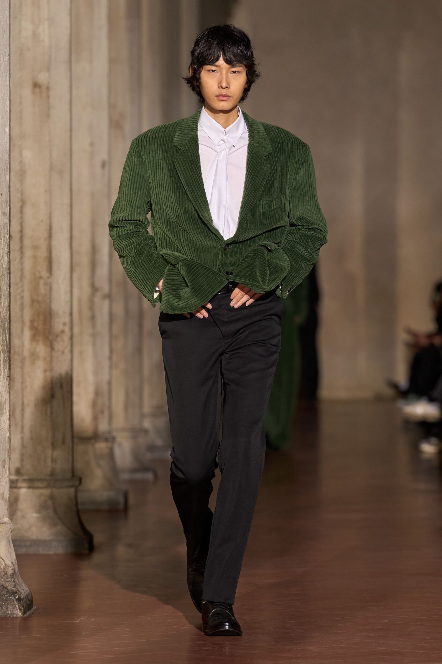 green corduroy blazer with white shirt
