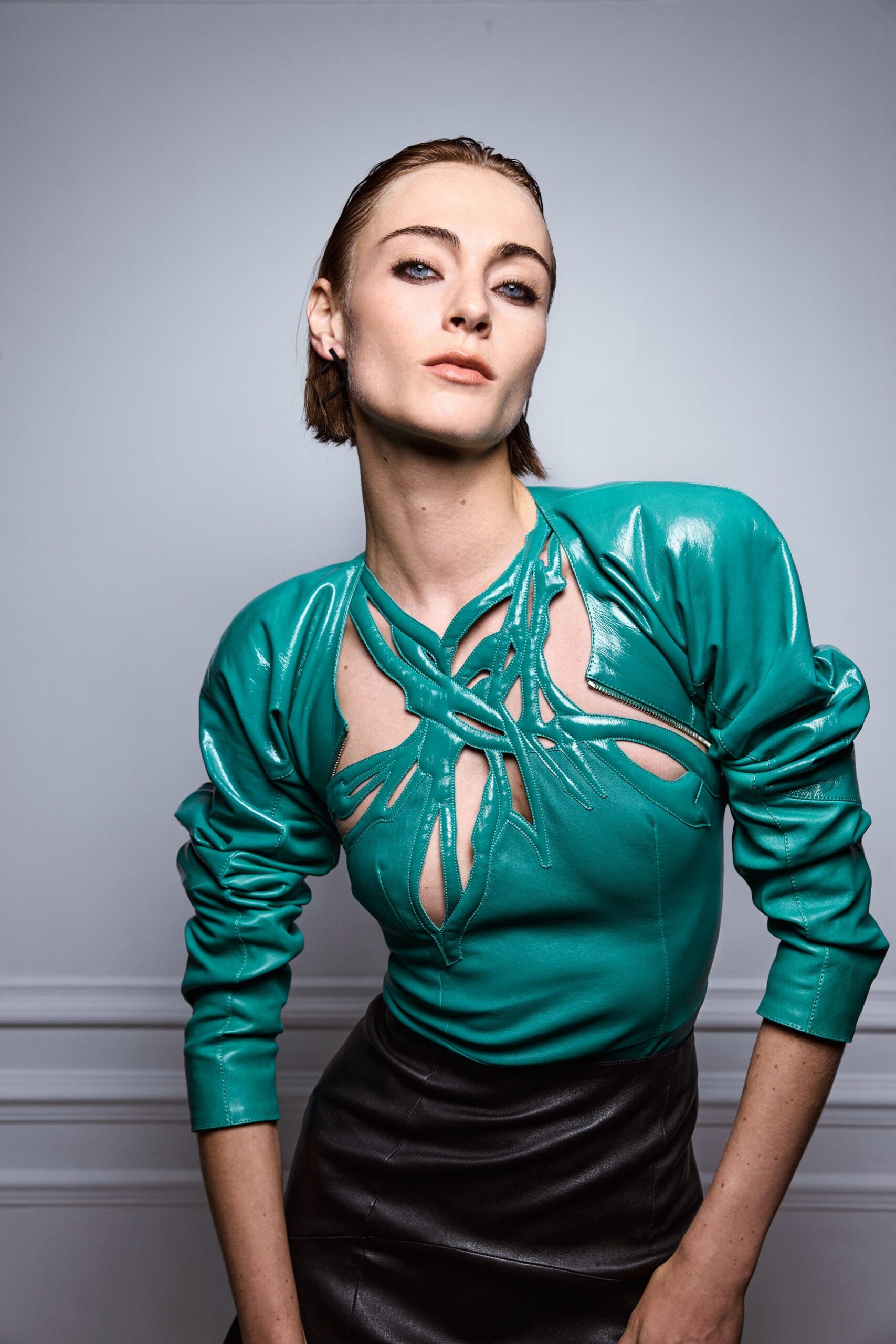 teal leather long-sleeve cutout fitted draped top