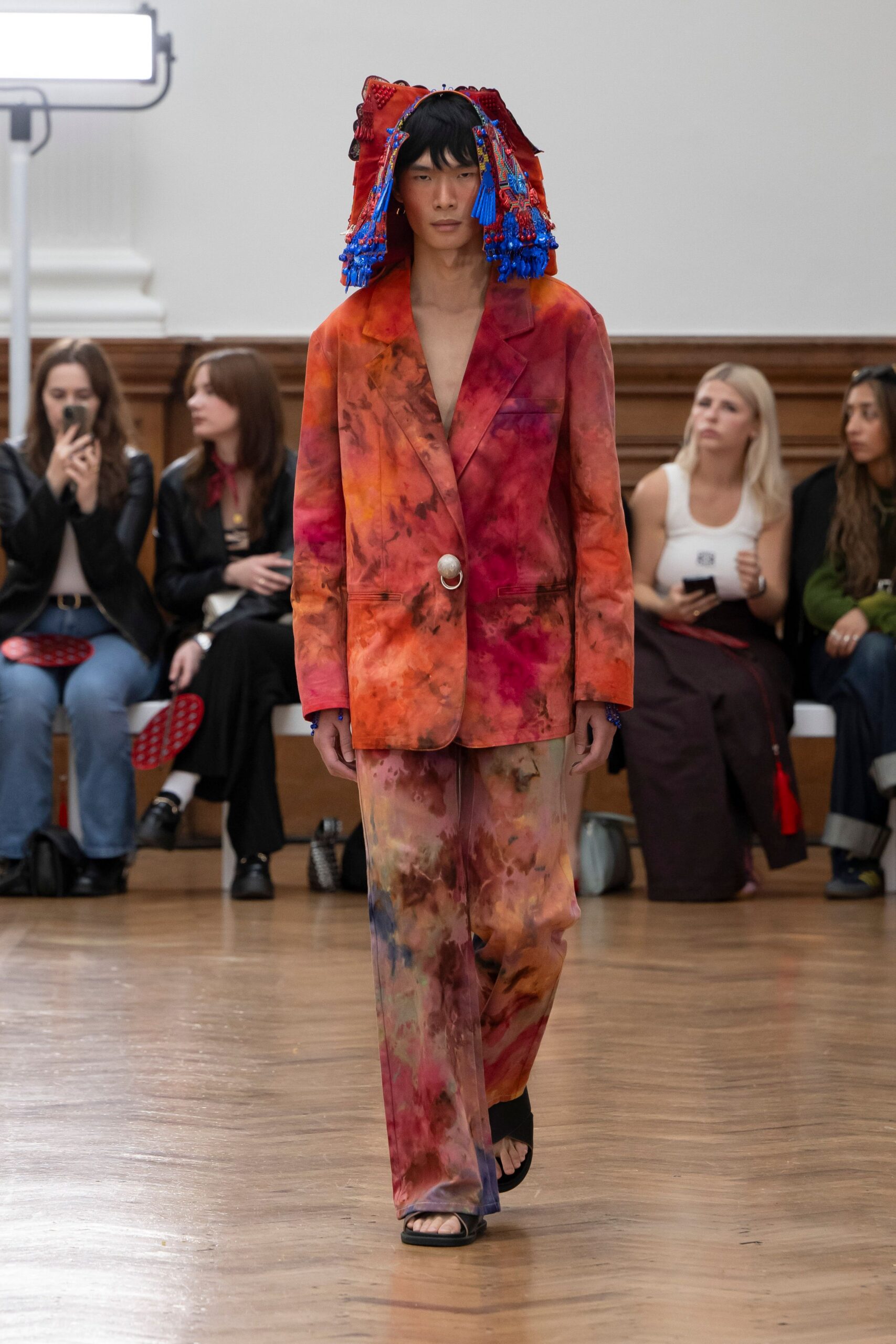 orange long-sleeve collared relaxed layered color-blocked blazer