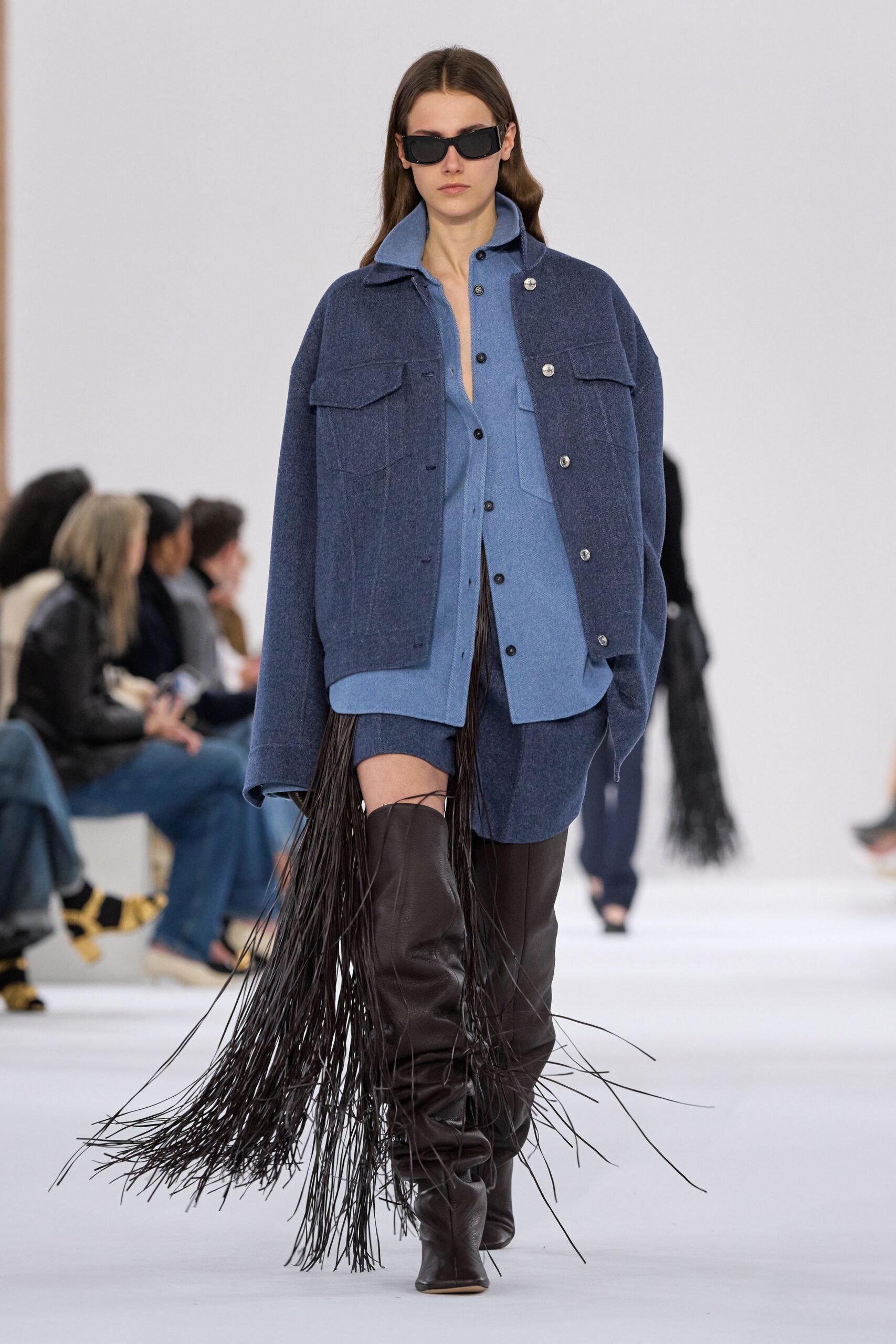 blue denim long-sleeve collared oversized buttoned jacket