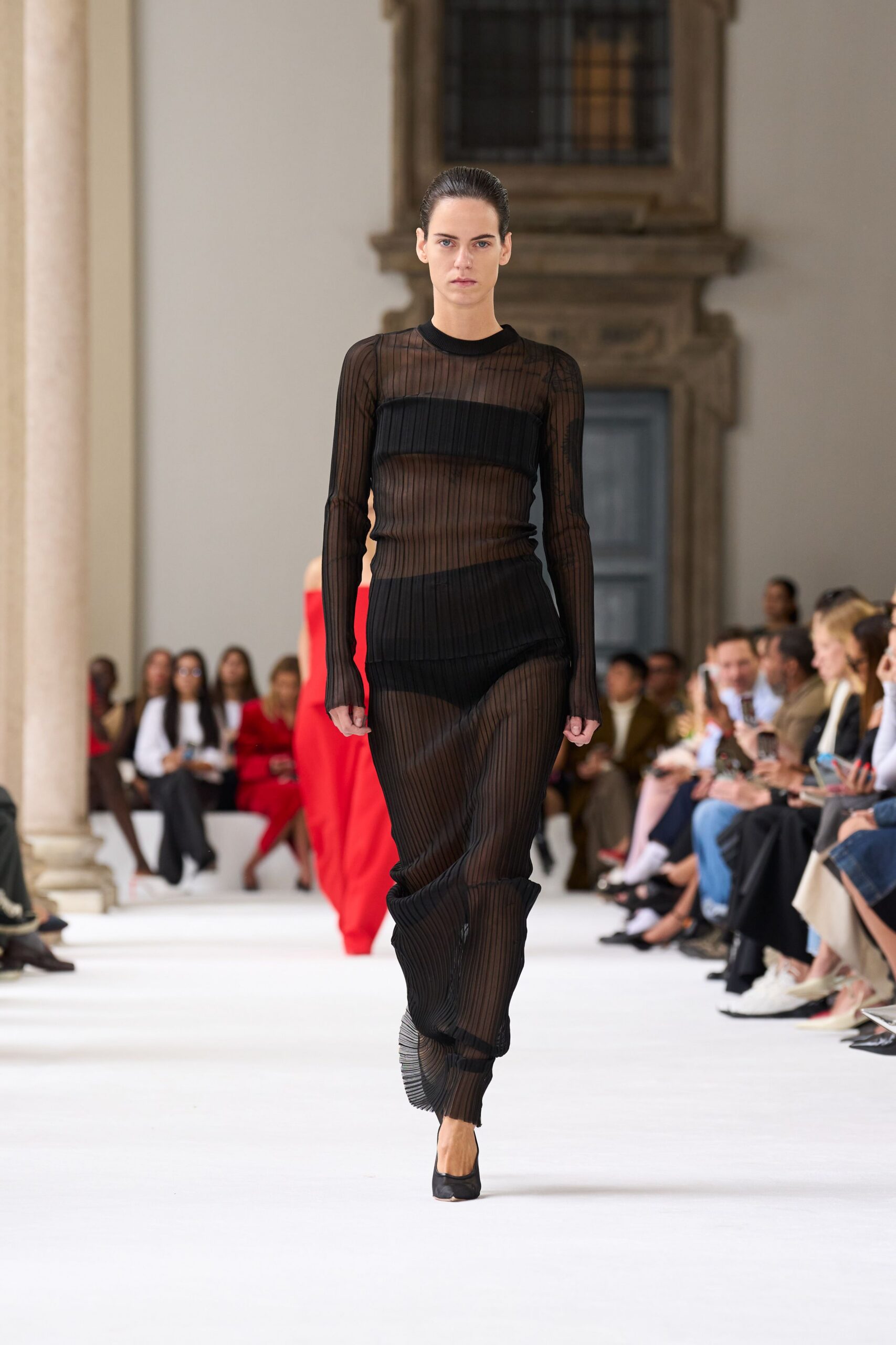 black mesh long-sleeve v-neck fitted pleated sheer jumpsuit