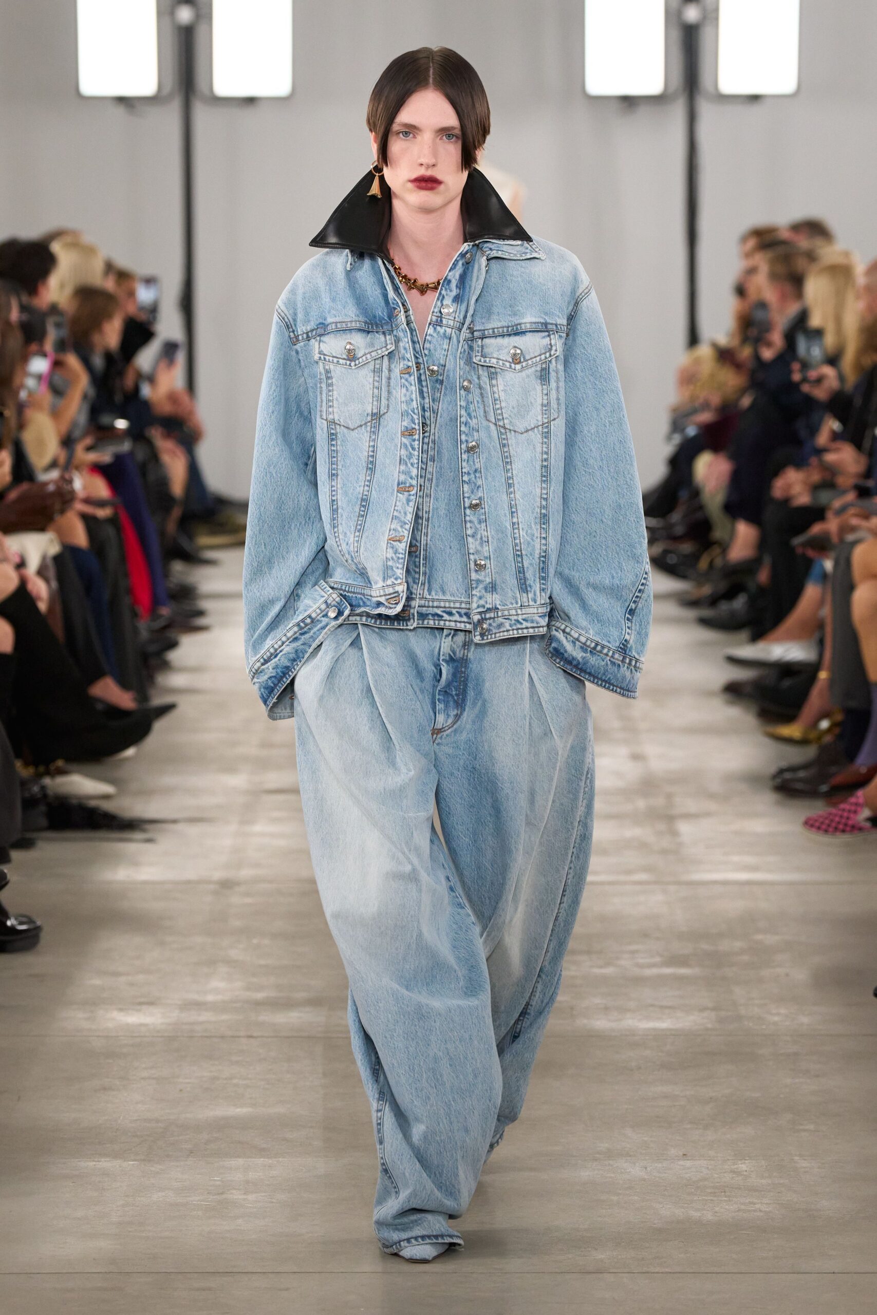 blue denim long-sleeve collared oversized jacket