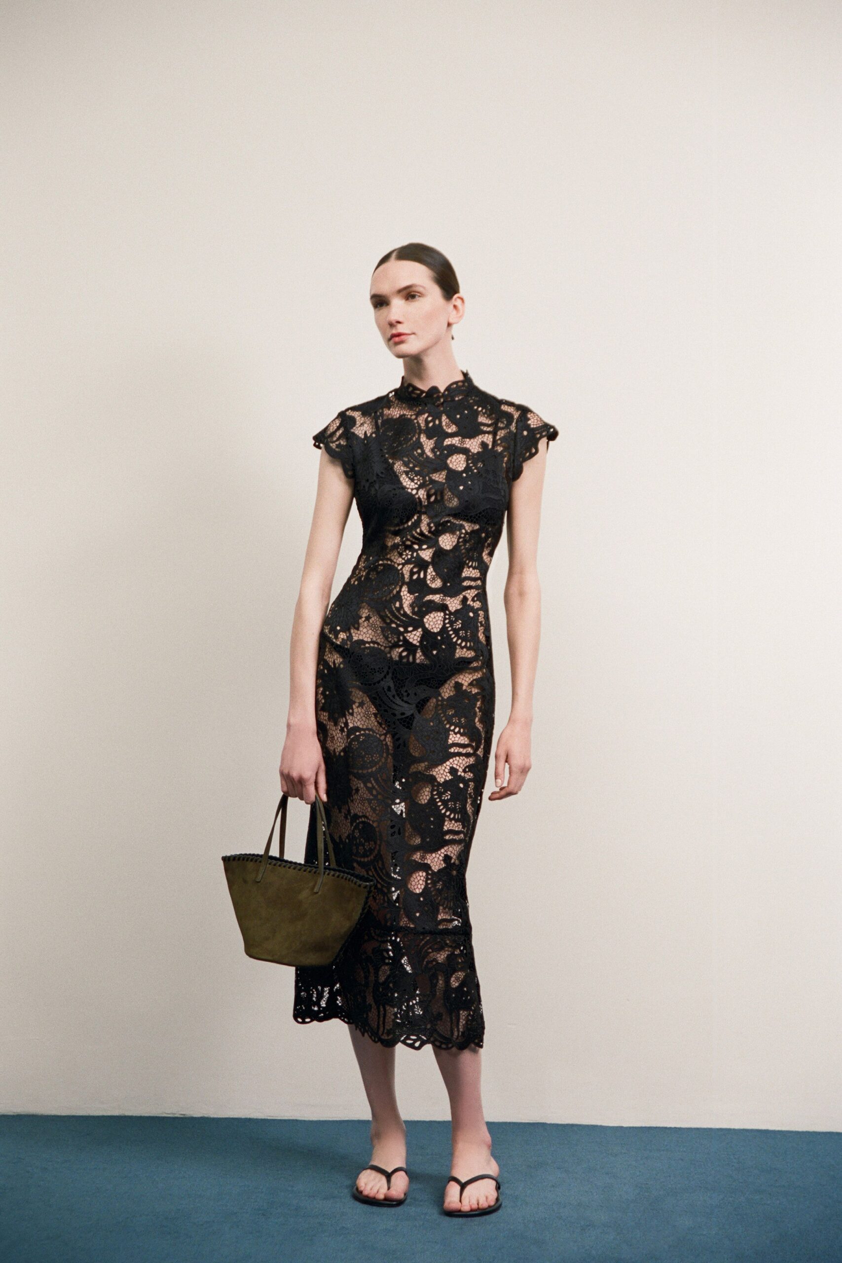 black lace short-sleeve high-neck fitted embroidered midi dress