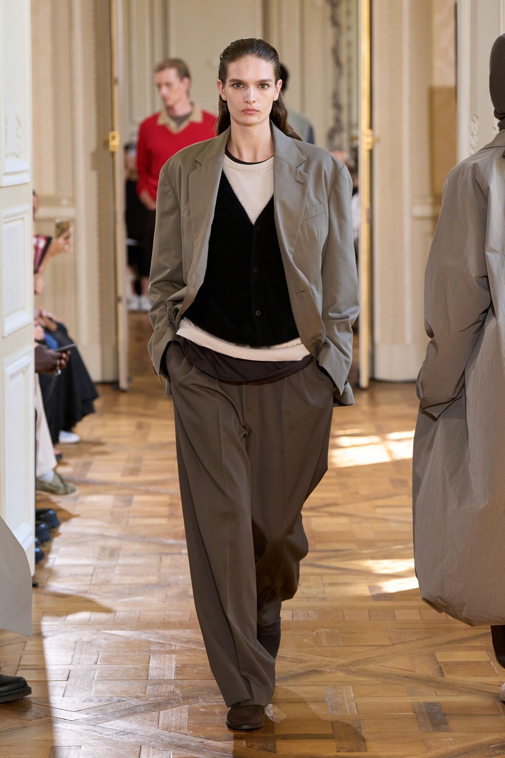 gray oversized jacket with black fitted sweater