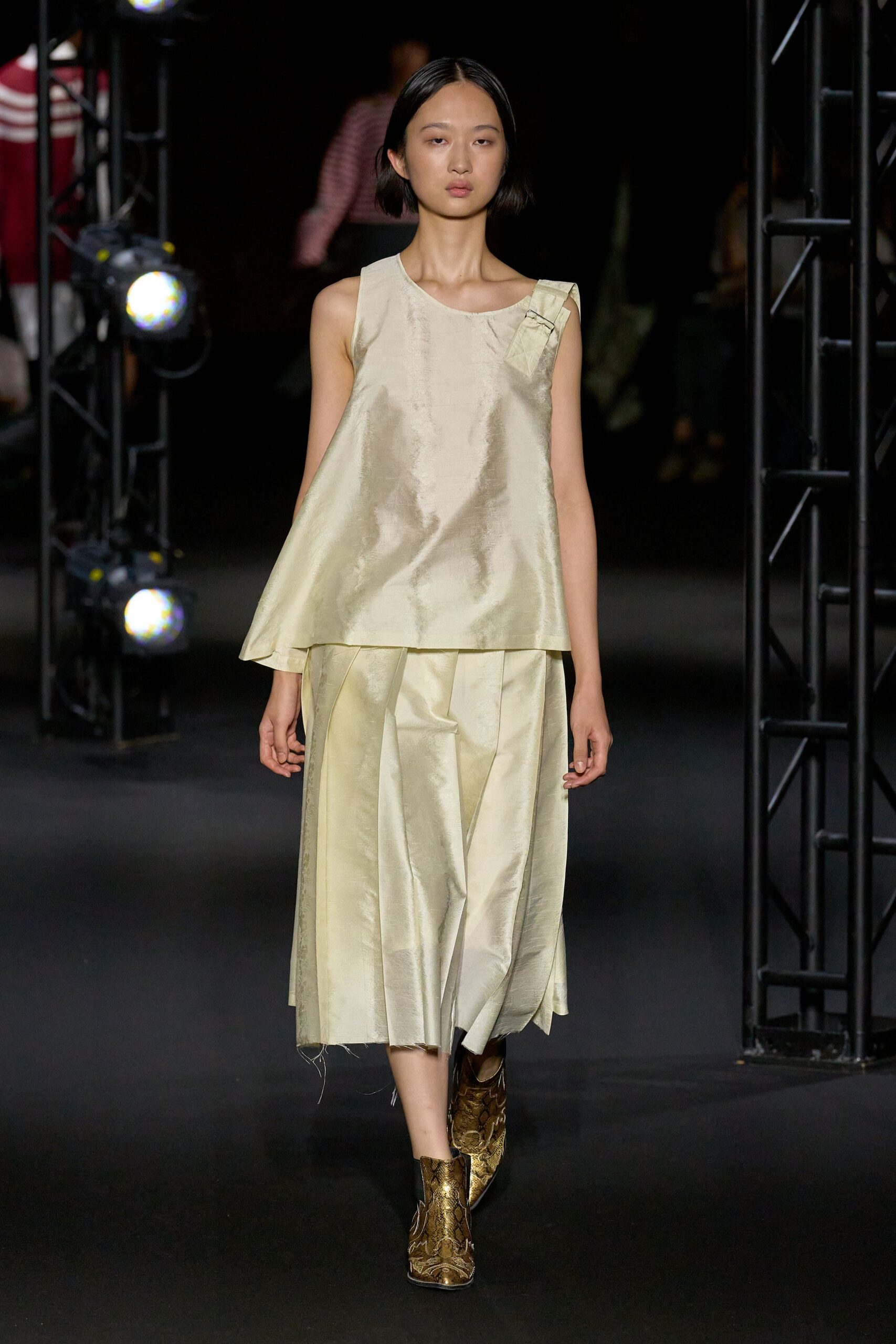 beige silk sleeveless relaxed draped flowing top