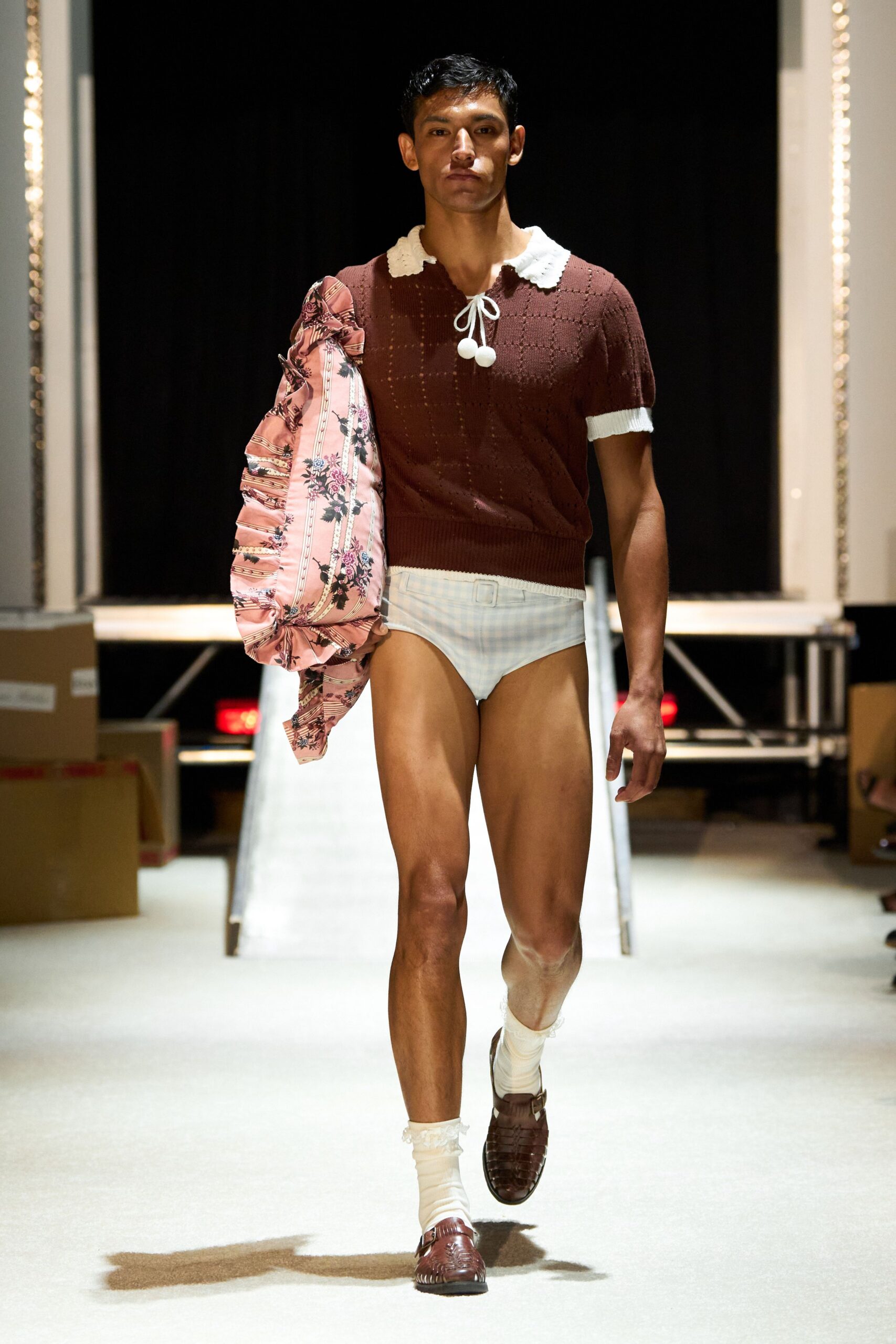 brown cotton collared top with pink floral cape