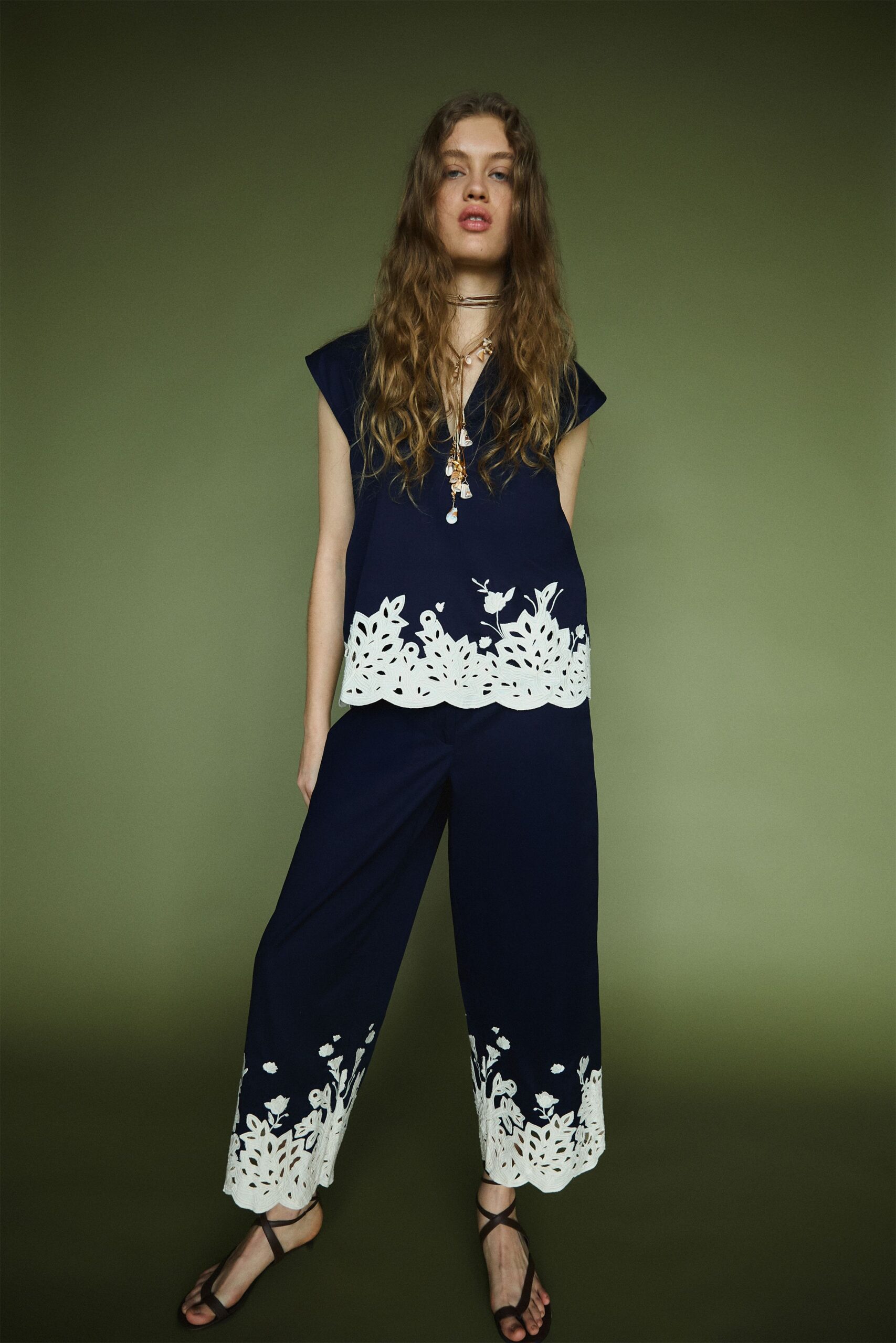 blue relaxed embroidered wide-leg pants
