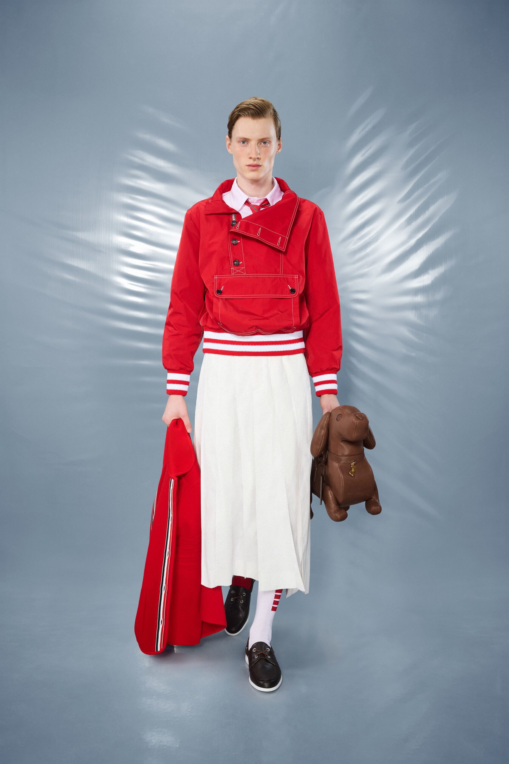 red jacket white pleated skirt