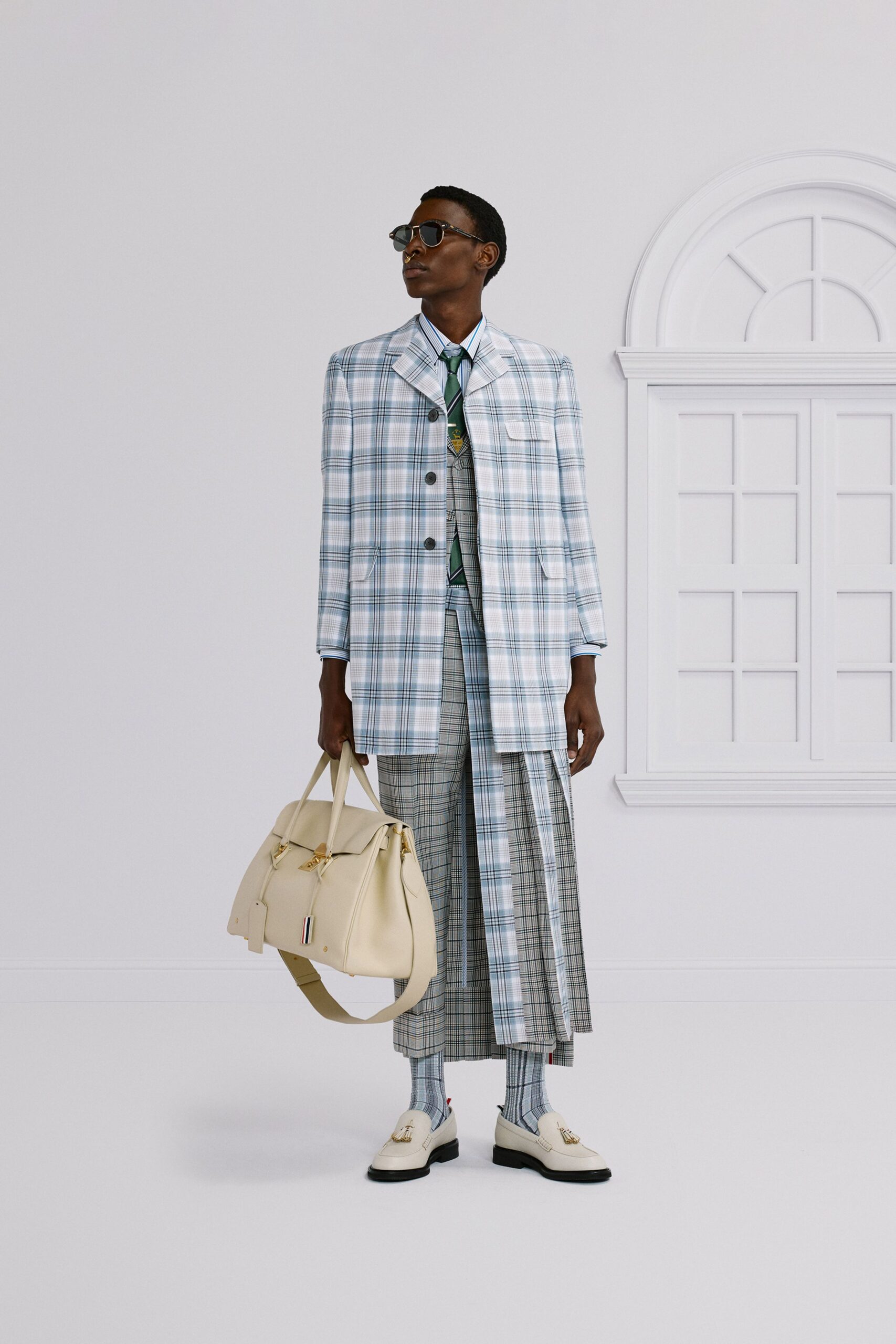 blue and white checked blazer