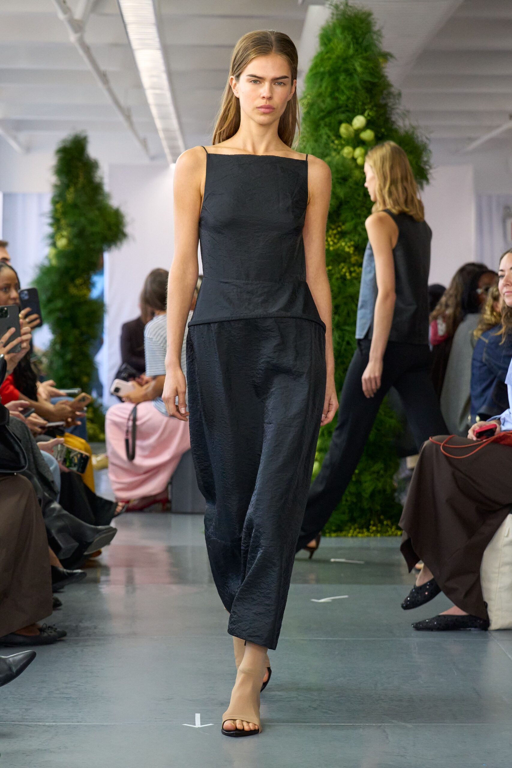 black silk sleeveless square-neck fitted layered shiny jumpsuit