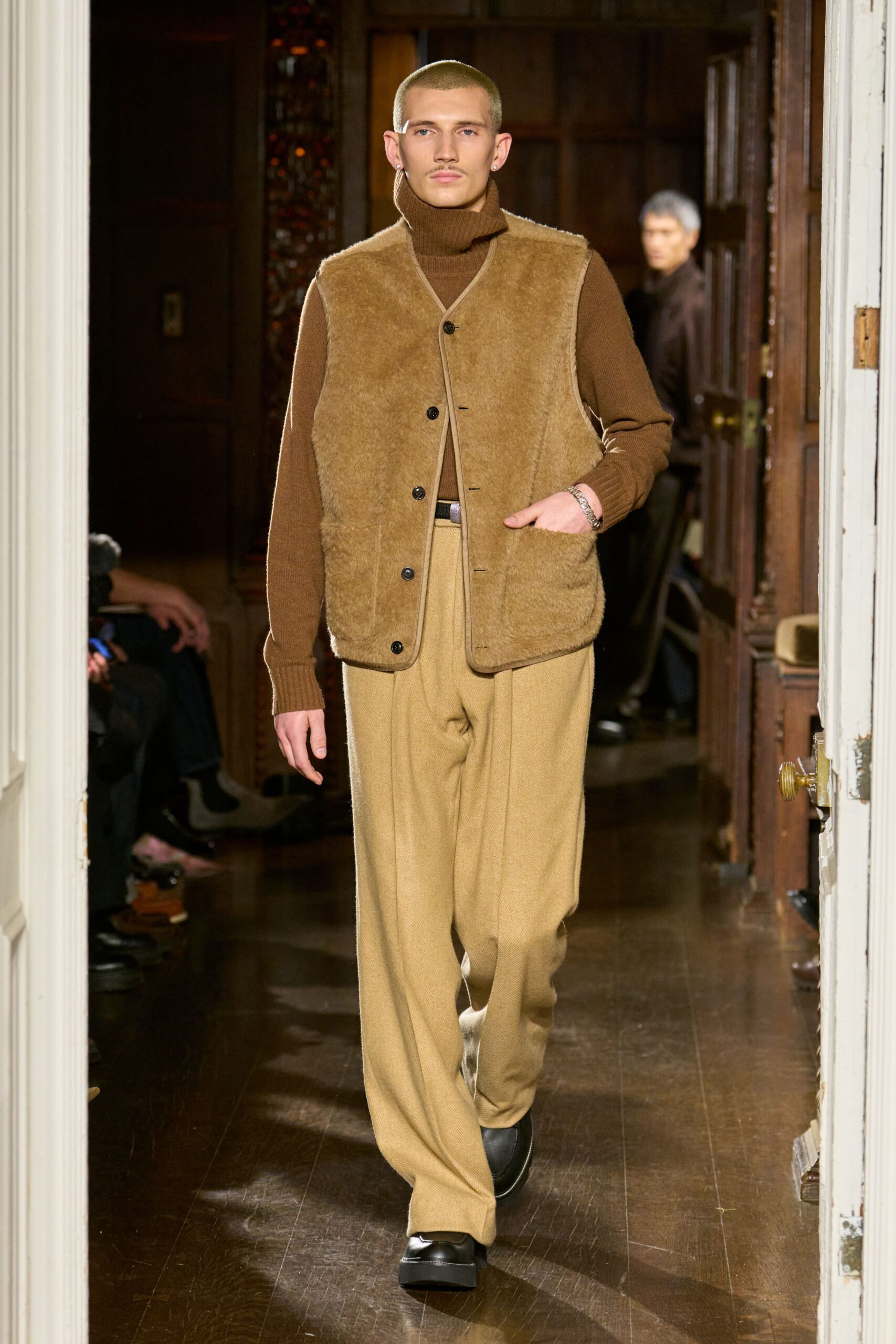 beige wool tailored straight-leg pants