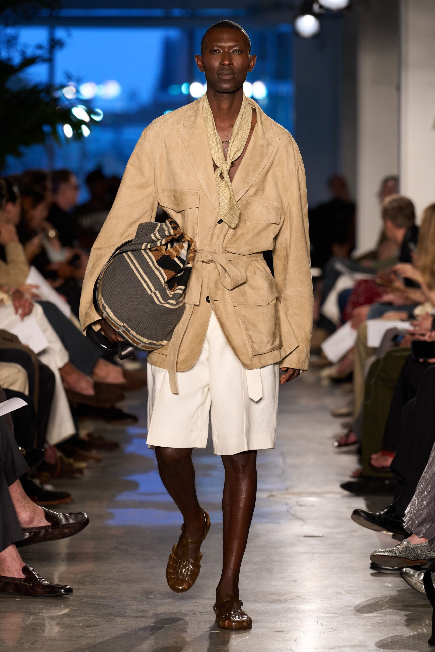 beige suede long-sleeve collared relaxed belted jacket