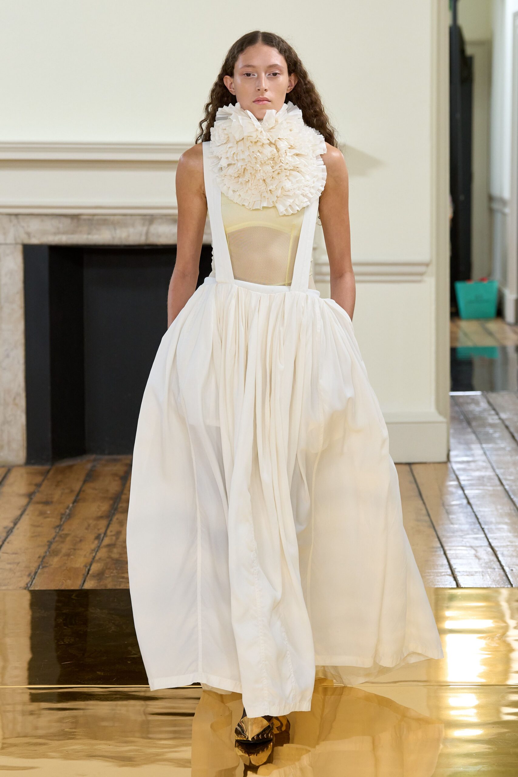 white cotton sleeveless high-neck fitted pleated maxi dress