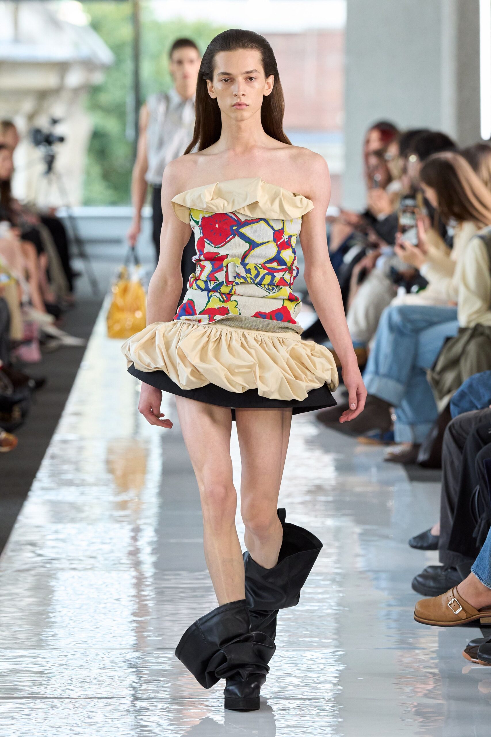 multi cotton strapless fitted ruffled layered mini dress