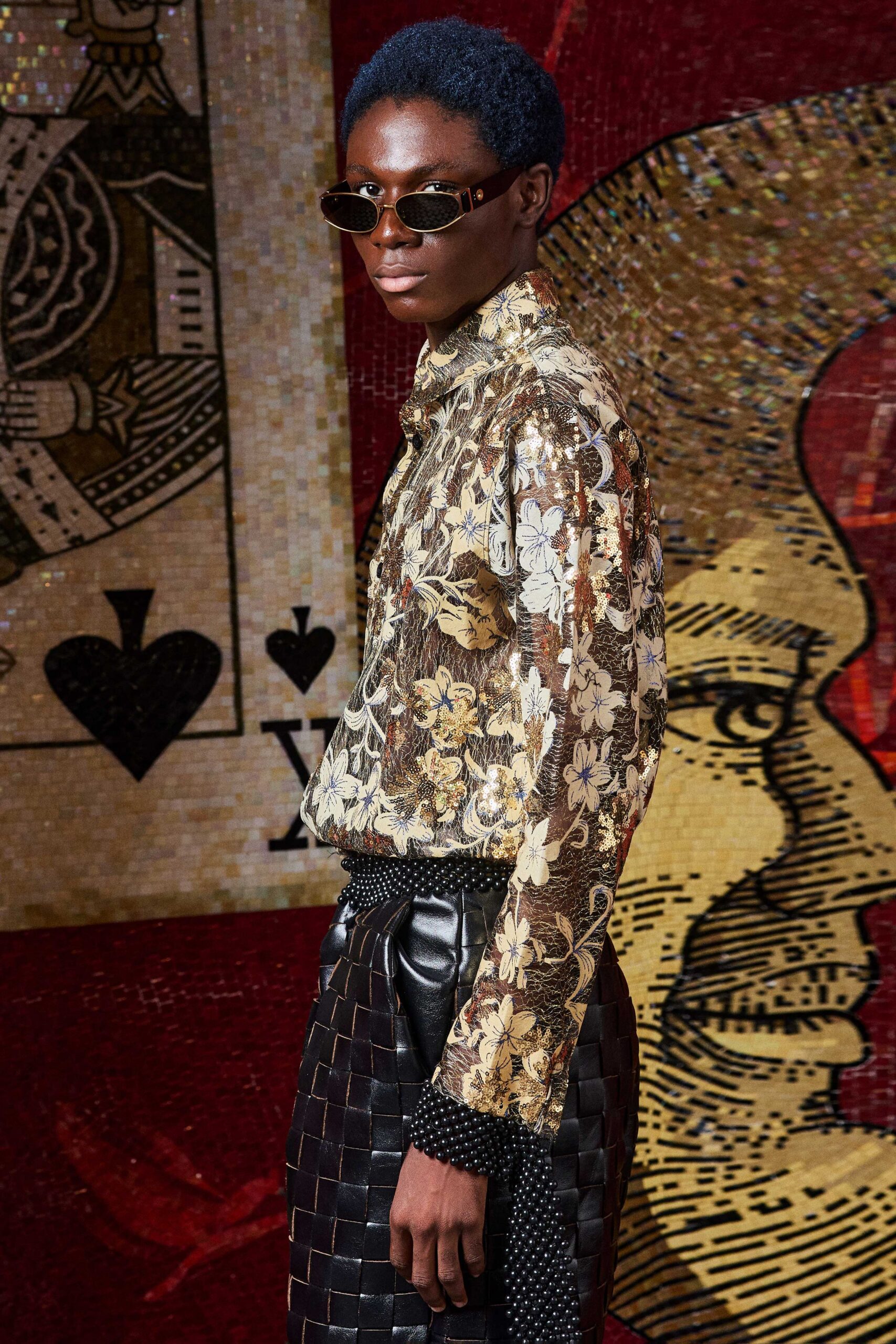 gold silk long-sleeve collared fitted floral embroidered shirt