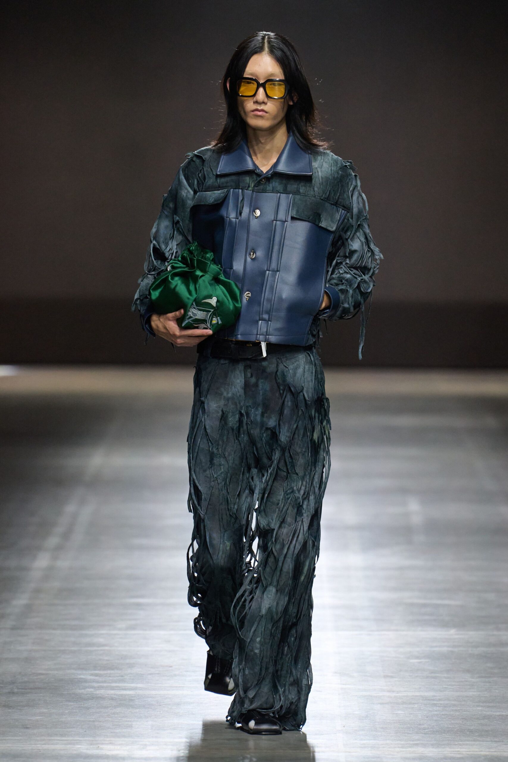 green leather relaxed flared pants