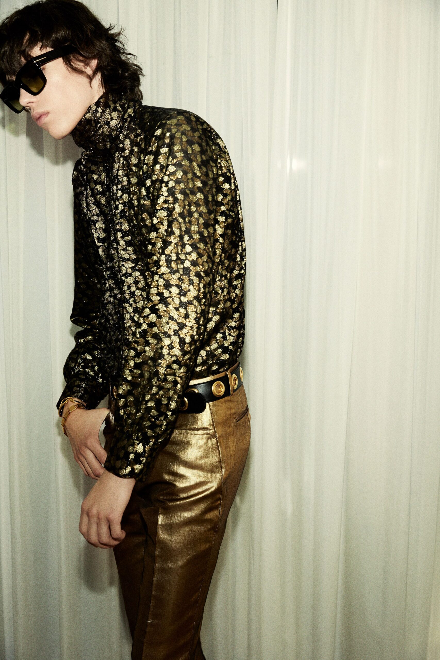 gold satin slim straight-leg shiny pants