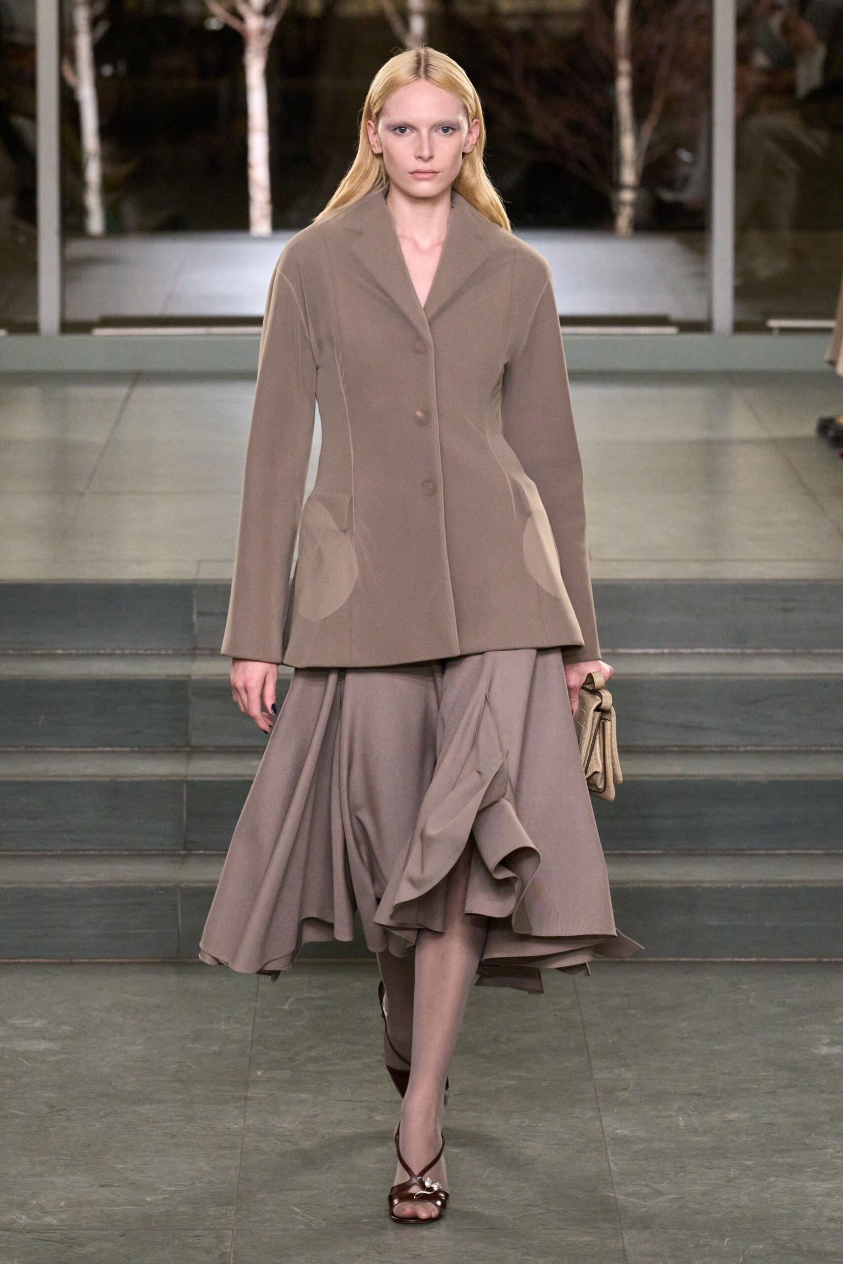 beige wool long-sleeve collared structured buttoned coat