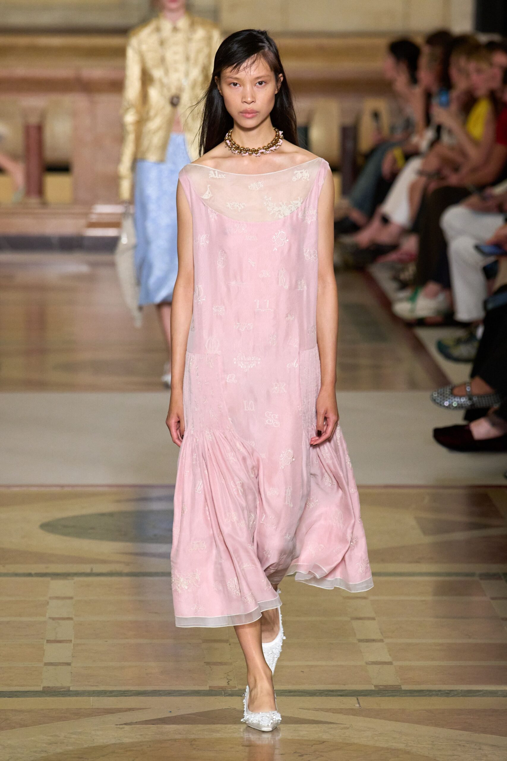 pink silk sleeveless high-neck relaxed pleated embroidered dress