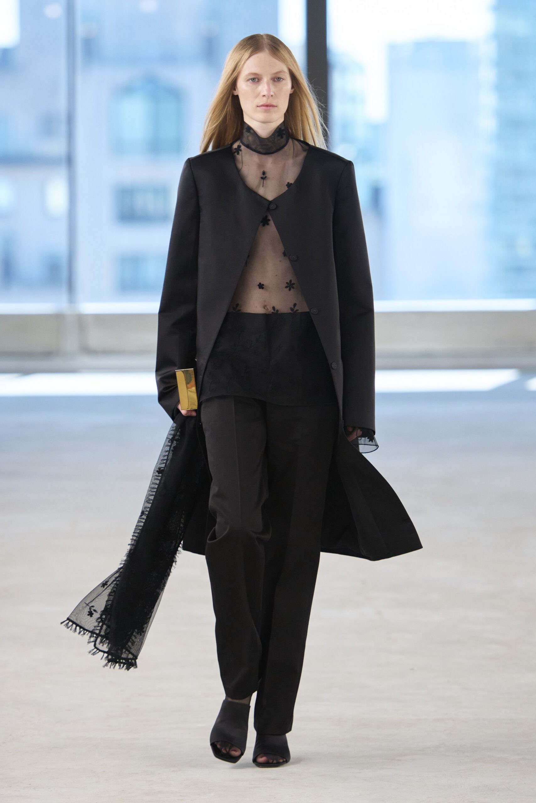 black silk long-sleeve collared fitted buttoned layered coat