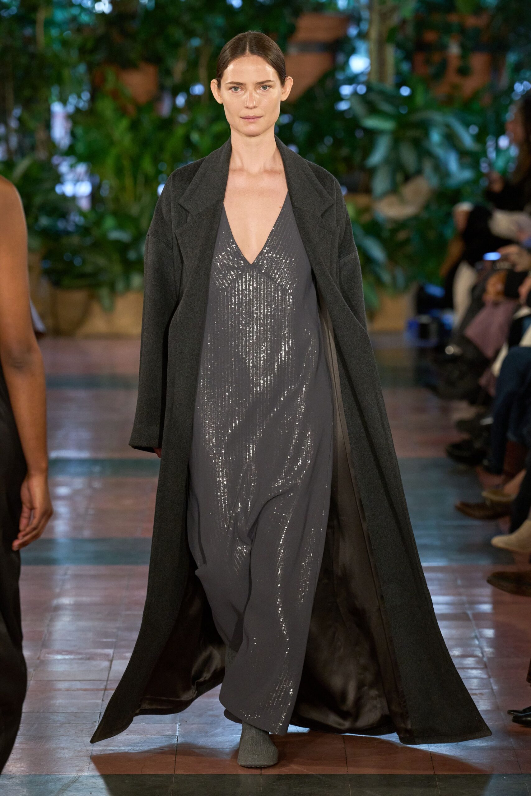 black coat gray sequined gown