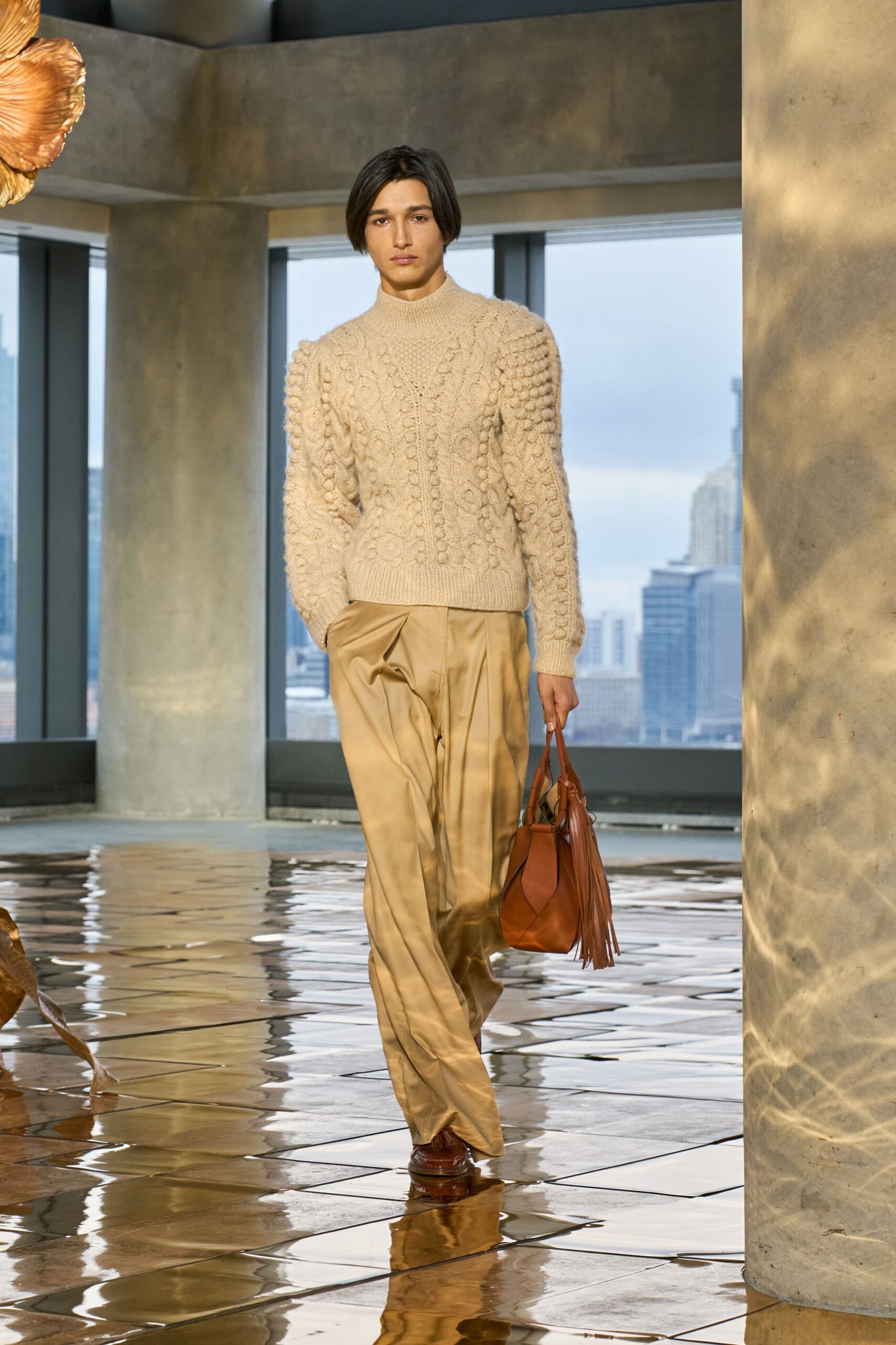 beige wool long-sleeve high-neck fitted textured sweater