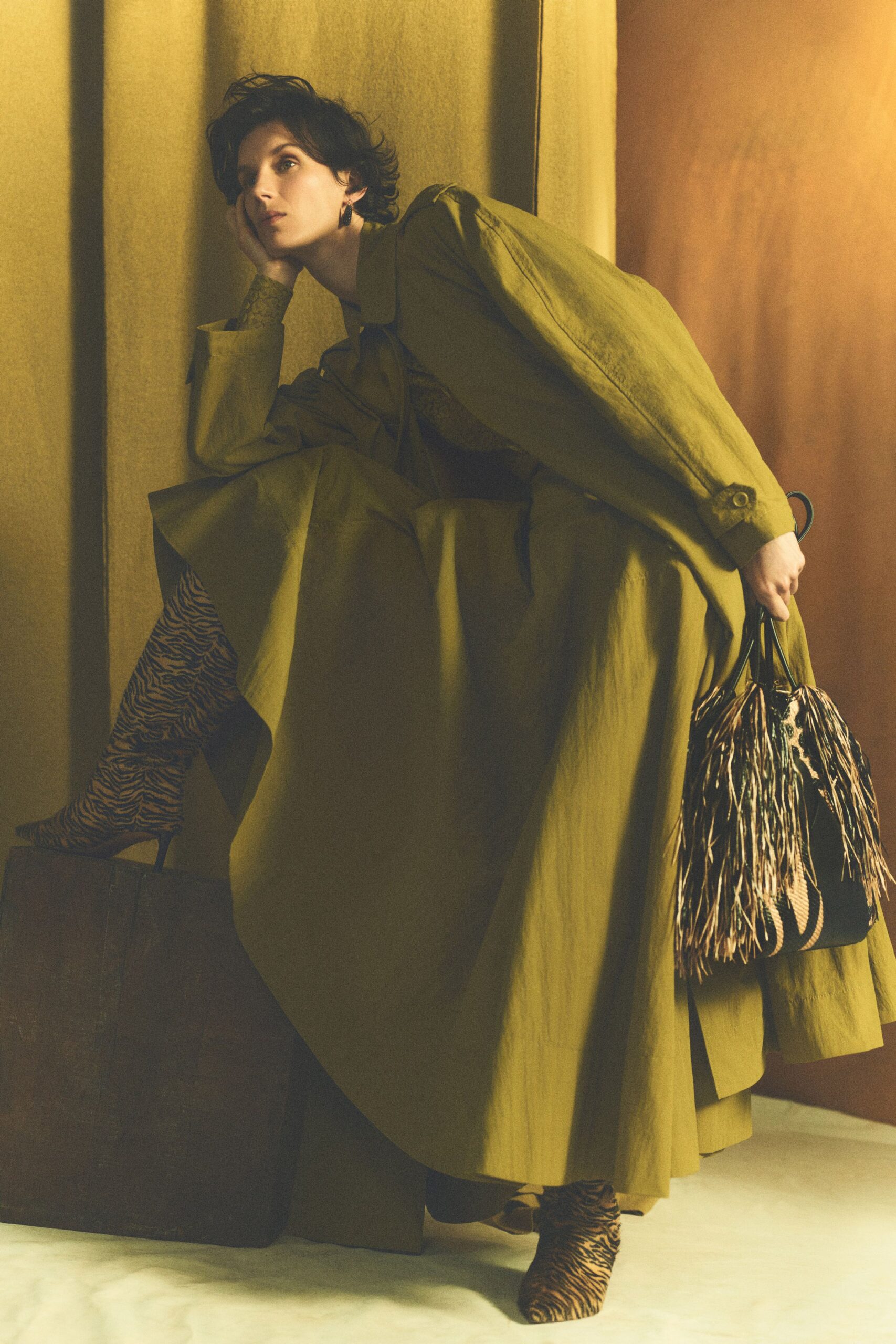 green cotton long-sleeve collared relaxed tiered maxi dress
