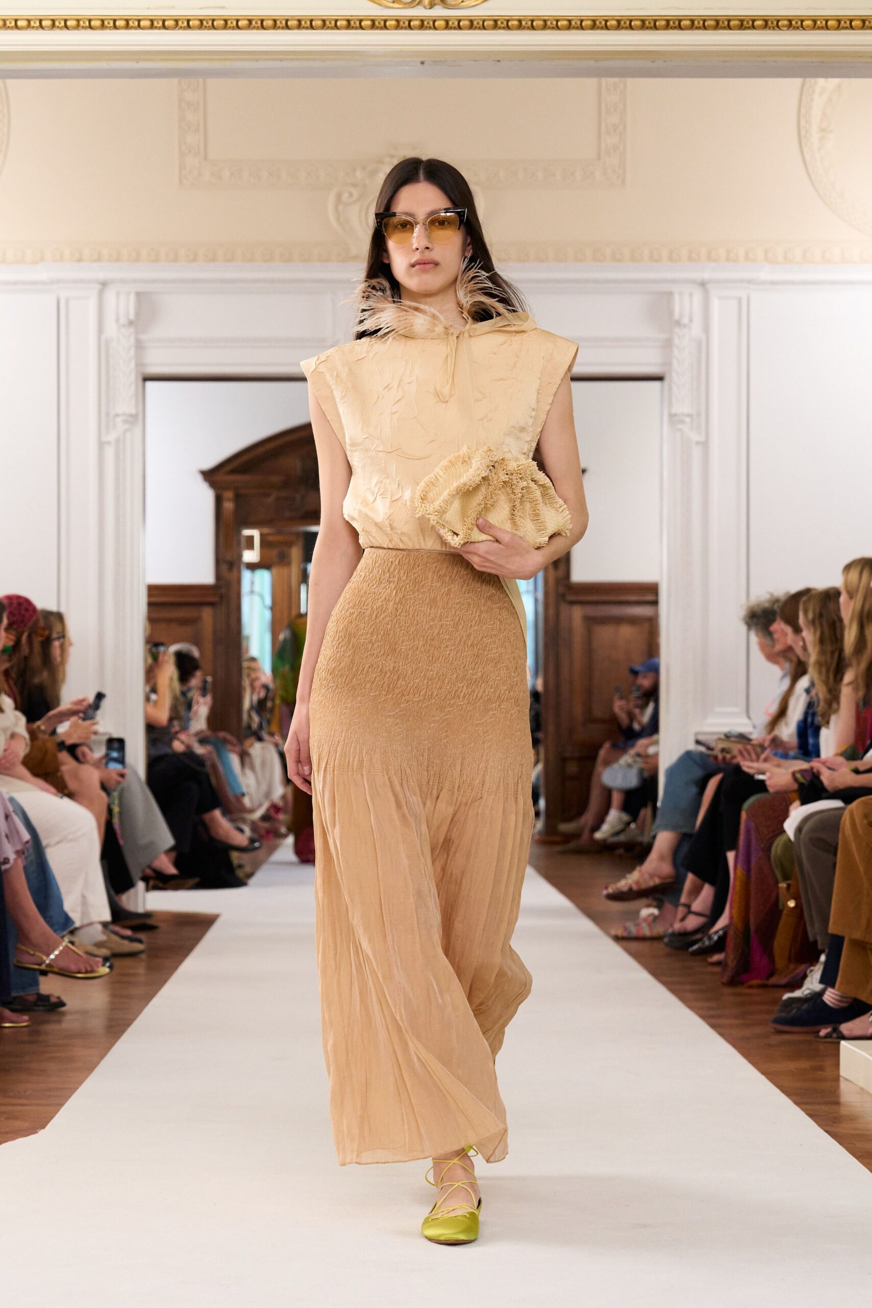tan chiffon fitted ruched flowing maxi skirt