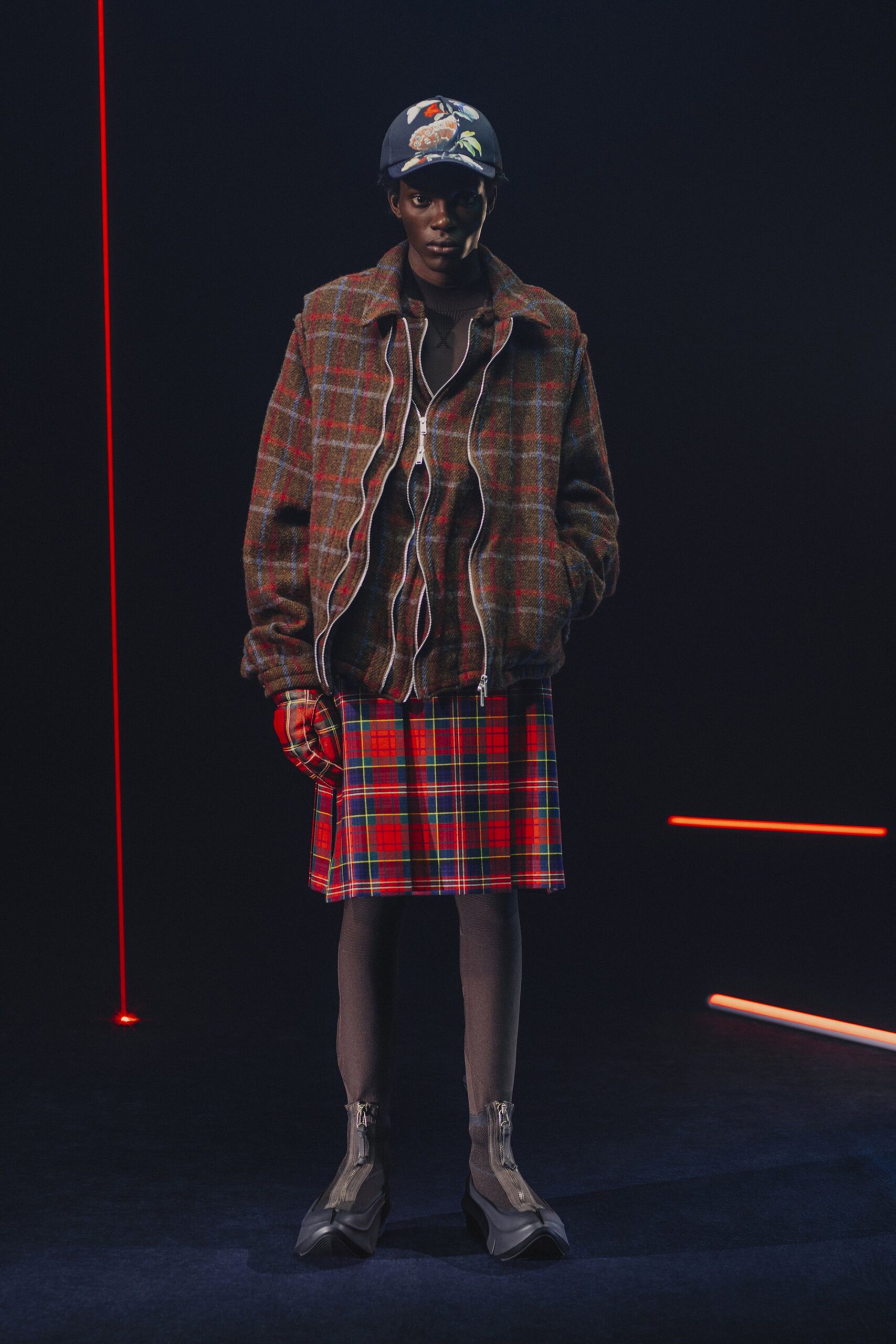 brown plaid jacket with mini skirt