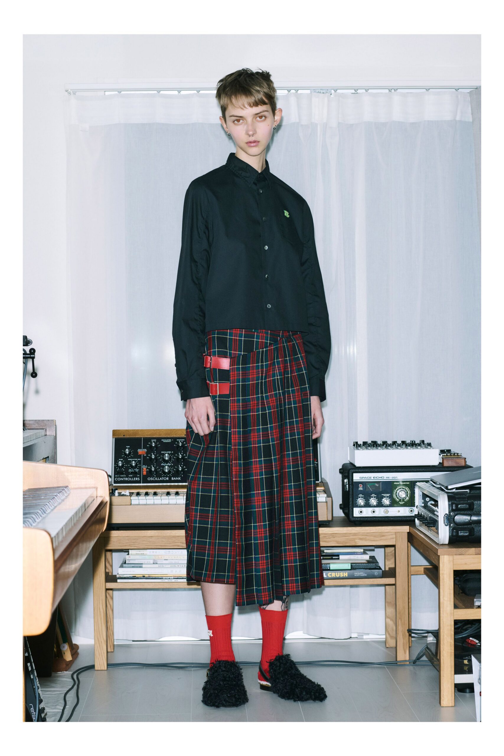 black shirt red plaid skirt