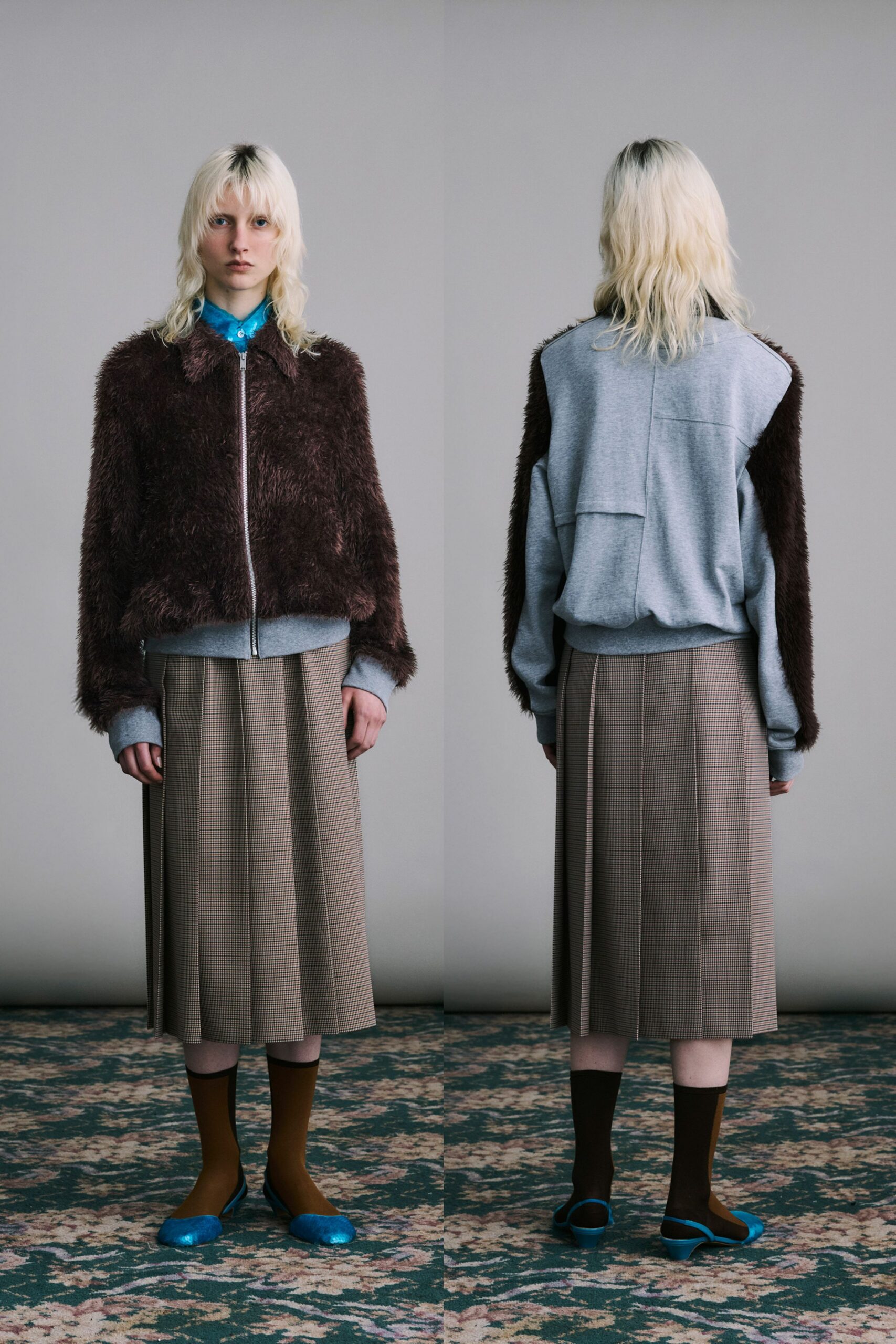 brown faux-fur jacket with pleated skirt