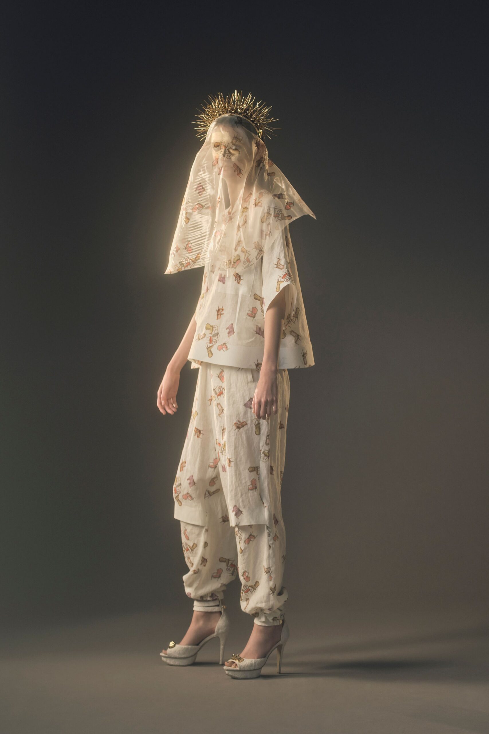 white printed top and pants