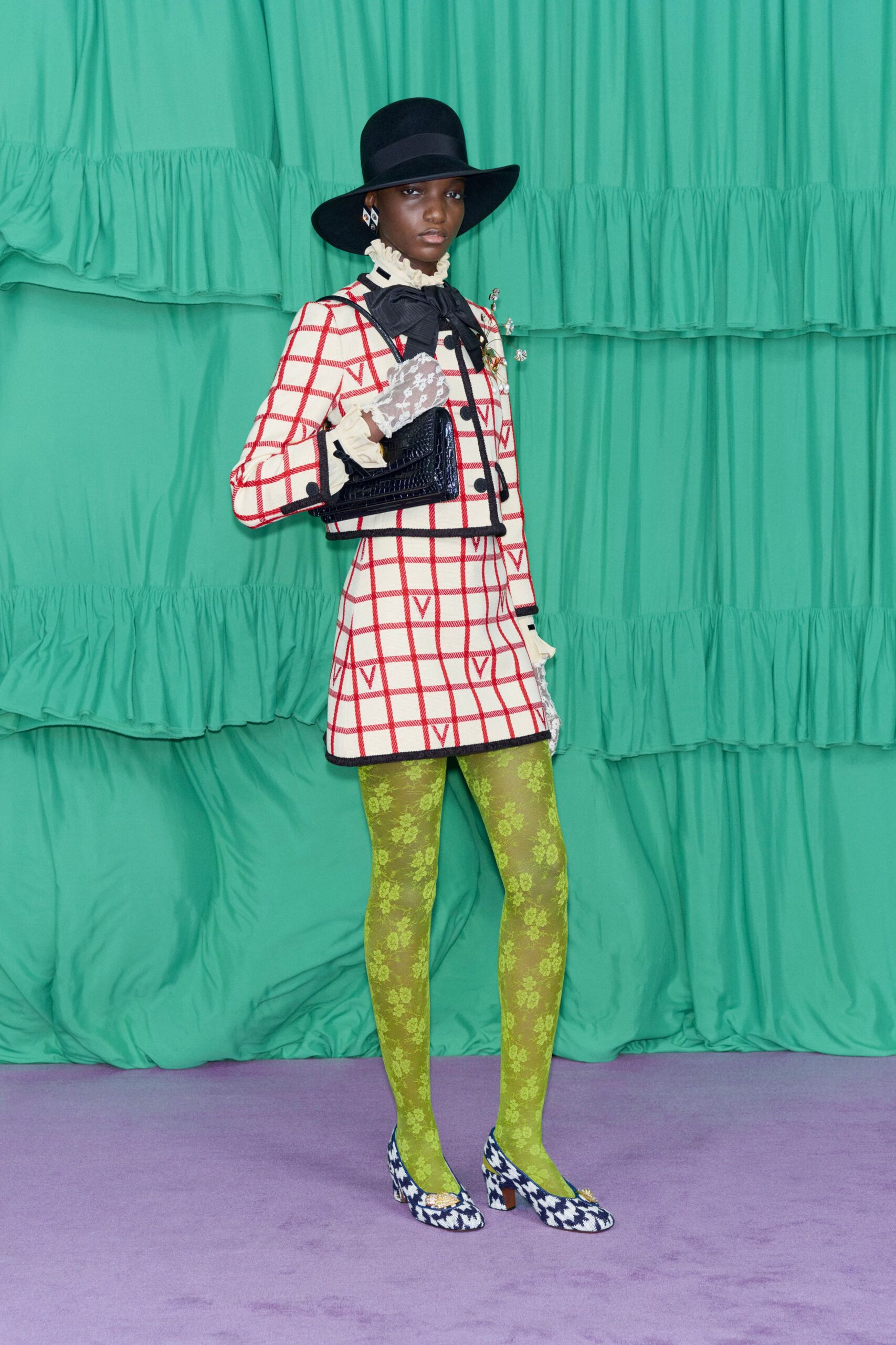 red cotton long-sleeve collared fitted checked pleated dress